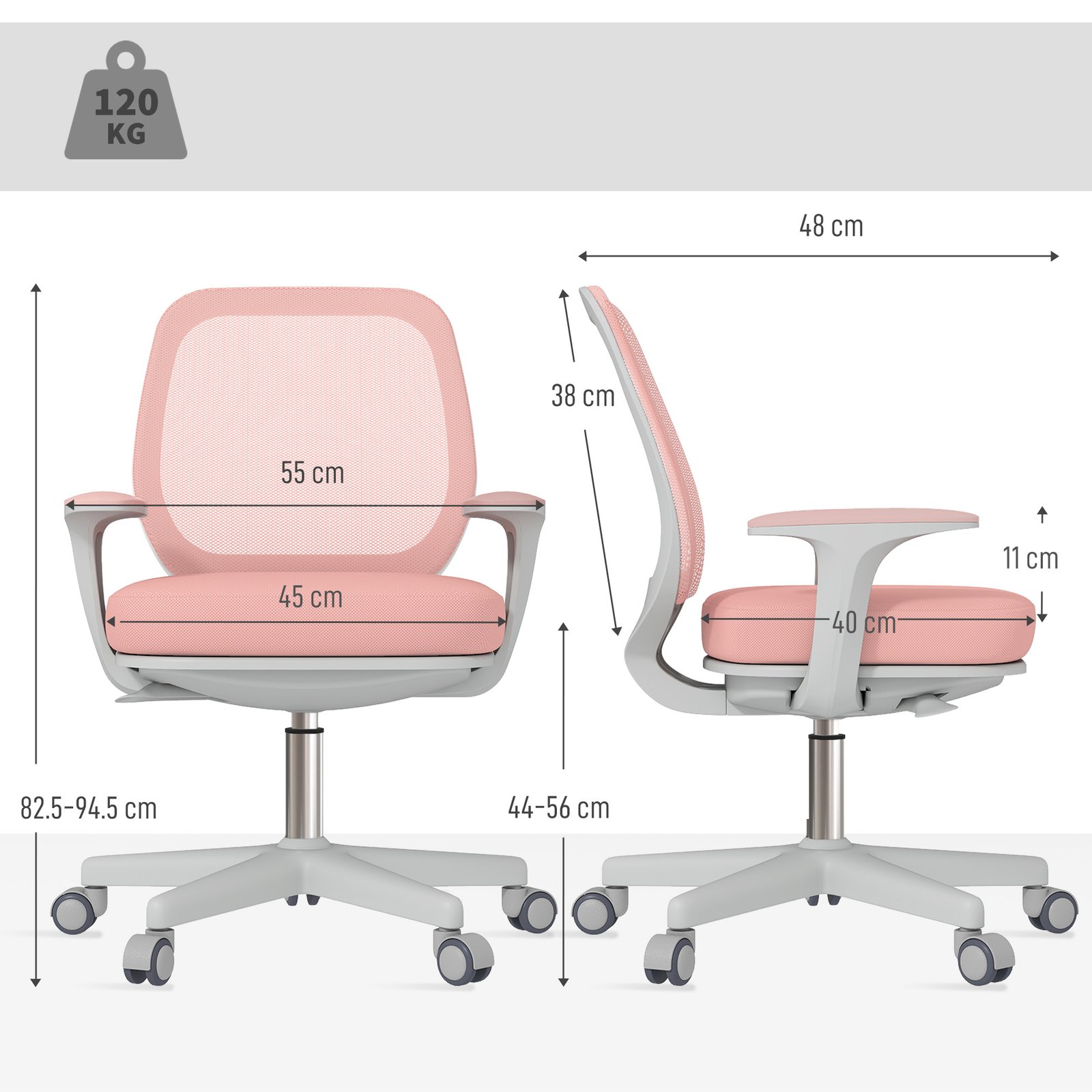 Vinsetto 44-56cm Mesh Back Office Chair - Pink - Image 3