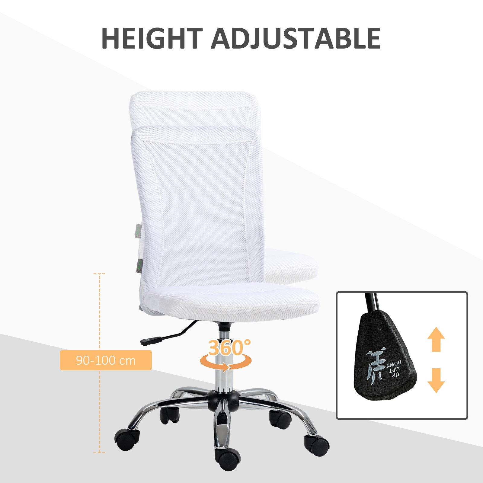 Vinsetto Computer Desk Chair, Mesh Office Chair with Adjustable Height and Swivel Wheels, Armless Study Chair, White - Image 4