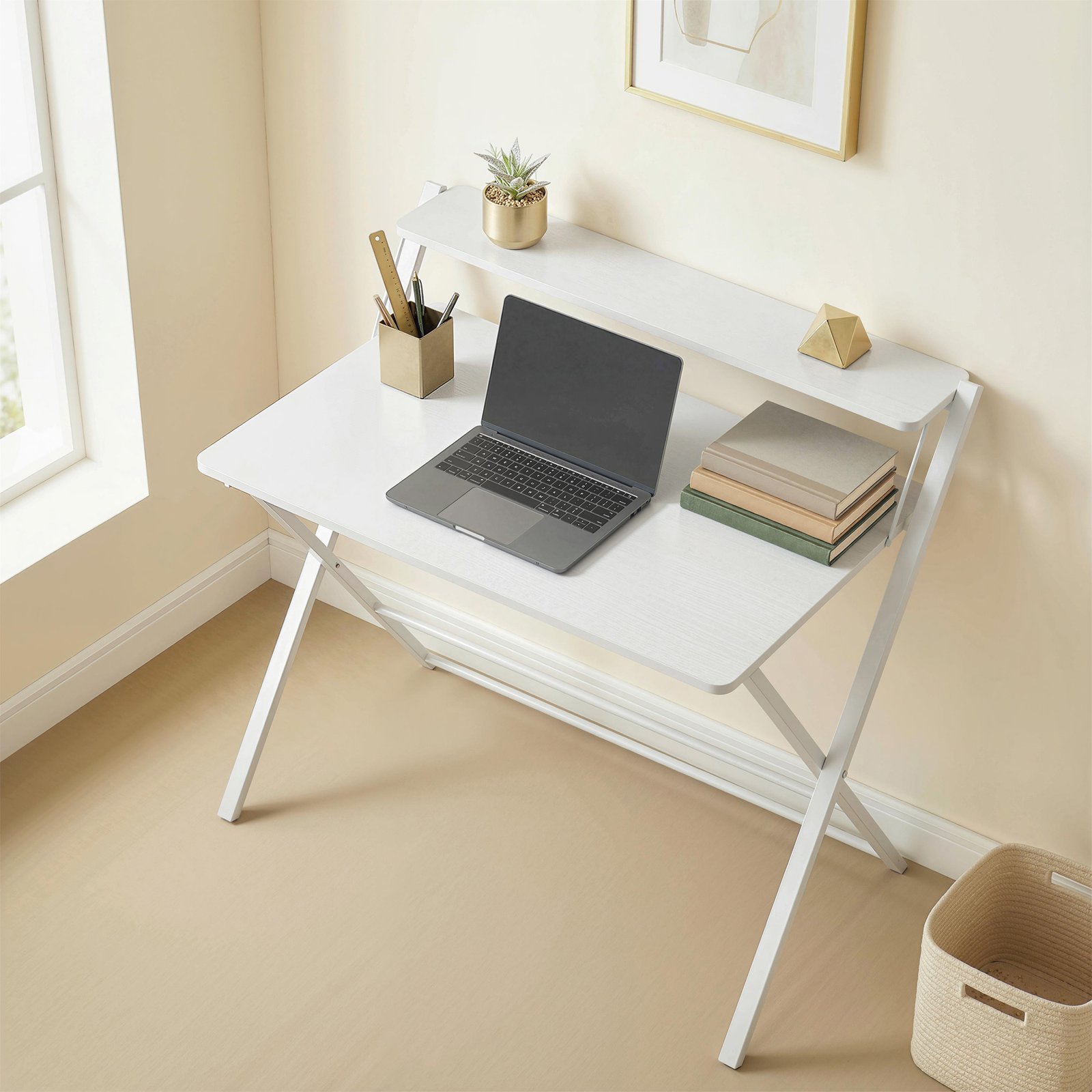 HOMCOM Compact Folding Desk for Small Spaces with Storage Shelf for Home Office, White - Image 2