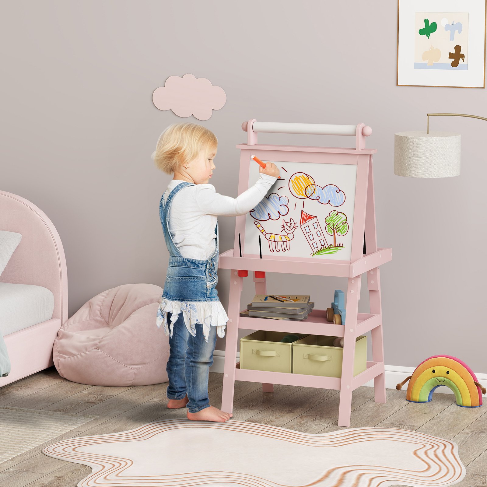 AIYAPLAY 3 in 1 Kids Easel Double-Sided Magnetic Whiteboard and Chalkboard with Paper Roll, Storage Baskets - Pink - Image 2