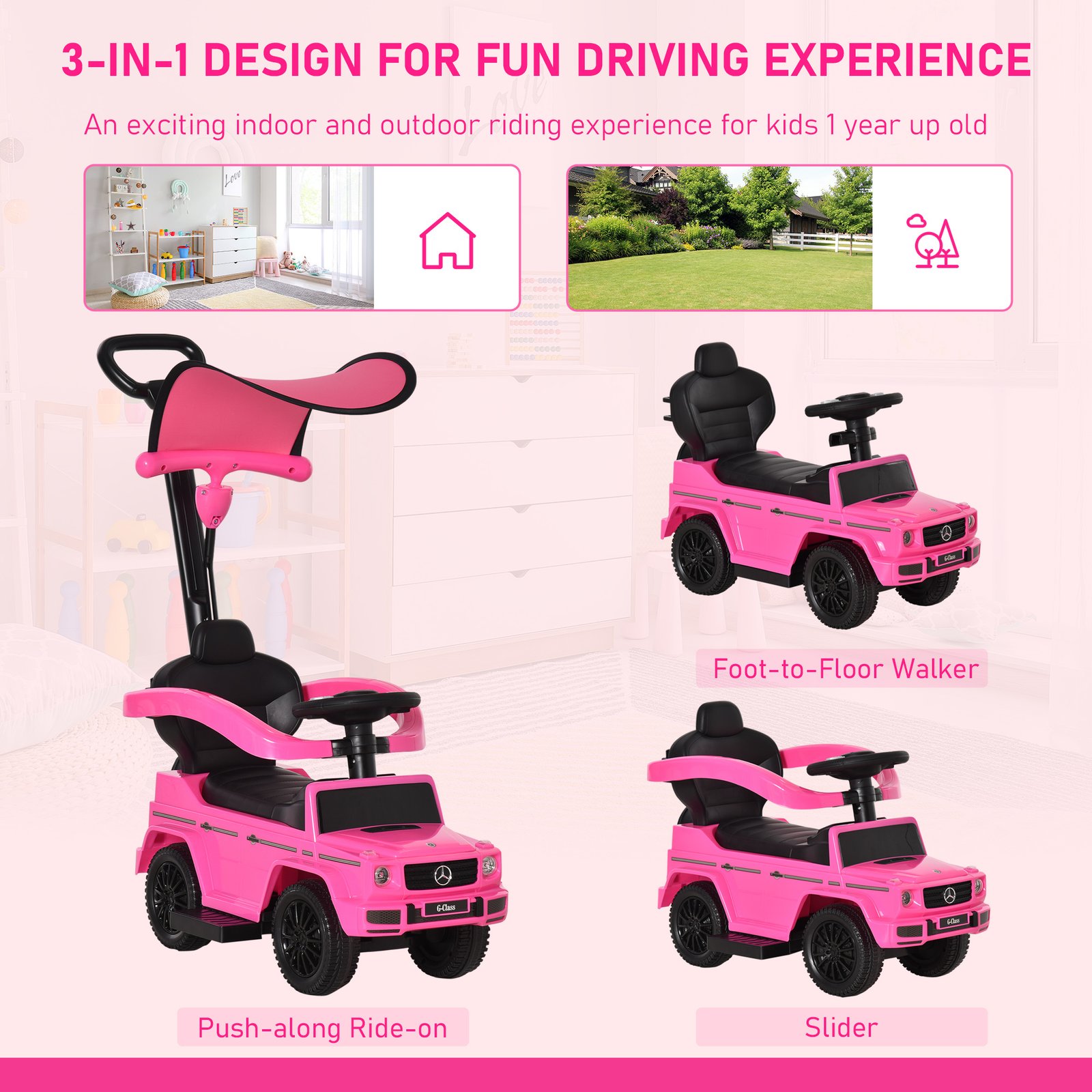 HOMCOM 3 in 1 Kids Children Ride on Push Car Toddler Sliding Car G350 Licensed Walker Foot to Floor Slider Push-Along with Horn Steering Wheel NO POWER Manual, Pink - Image 4