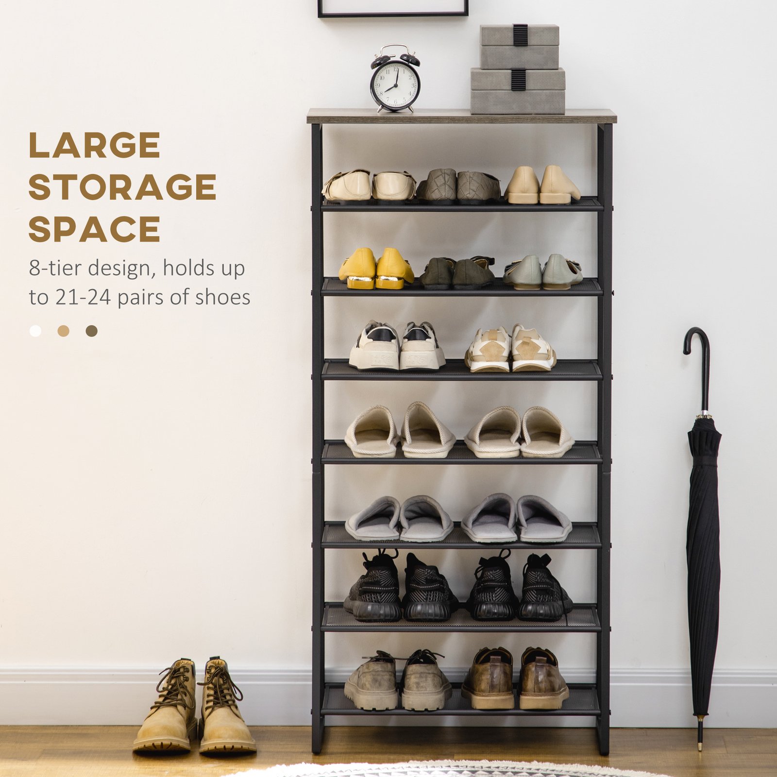 HOMCOM 8-Tier Shoe Rack, Shoe Storage Organizer with Mesh Shelves, Free Standing Shoe Shelf Stand for 21-24 Pairs of Shoes for Entryway, Hallway, Closet, Grey - Image 4