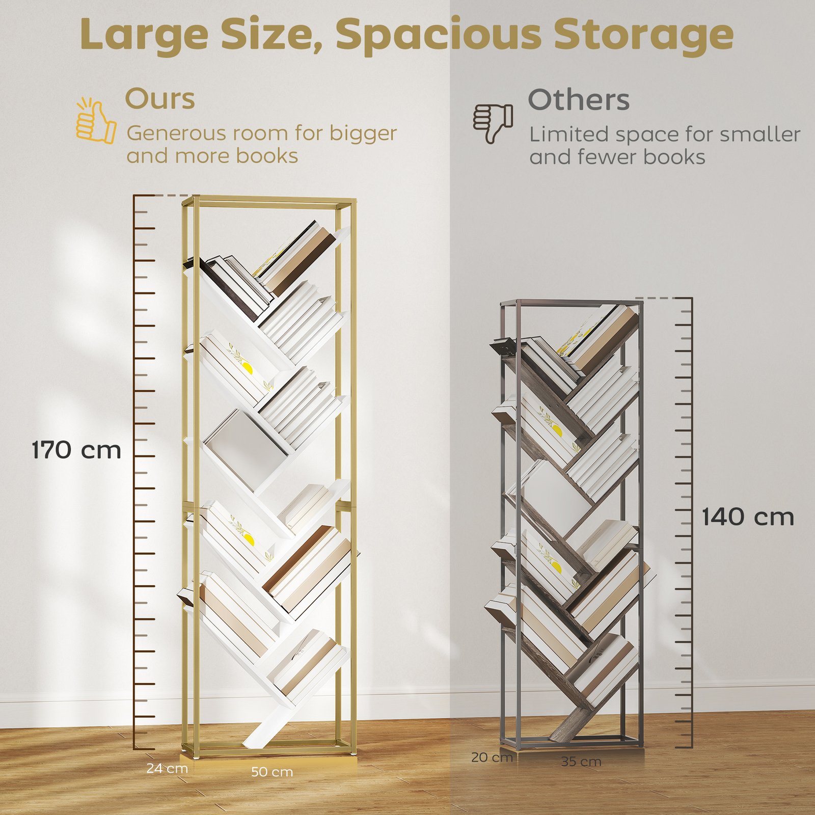 HOMCOM 10 Shelf Modern-Style Bookshelf - Gold Tone/White - Image 6