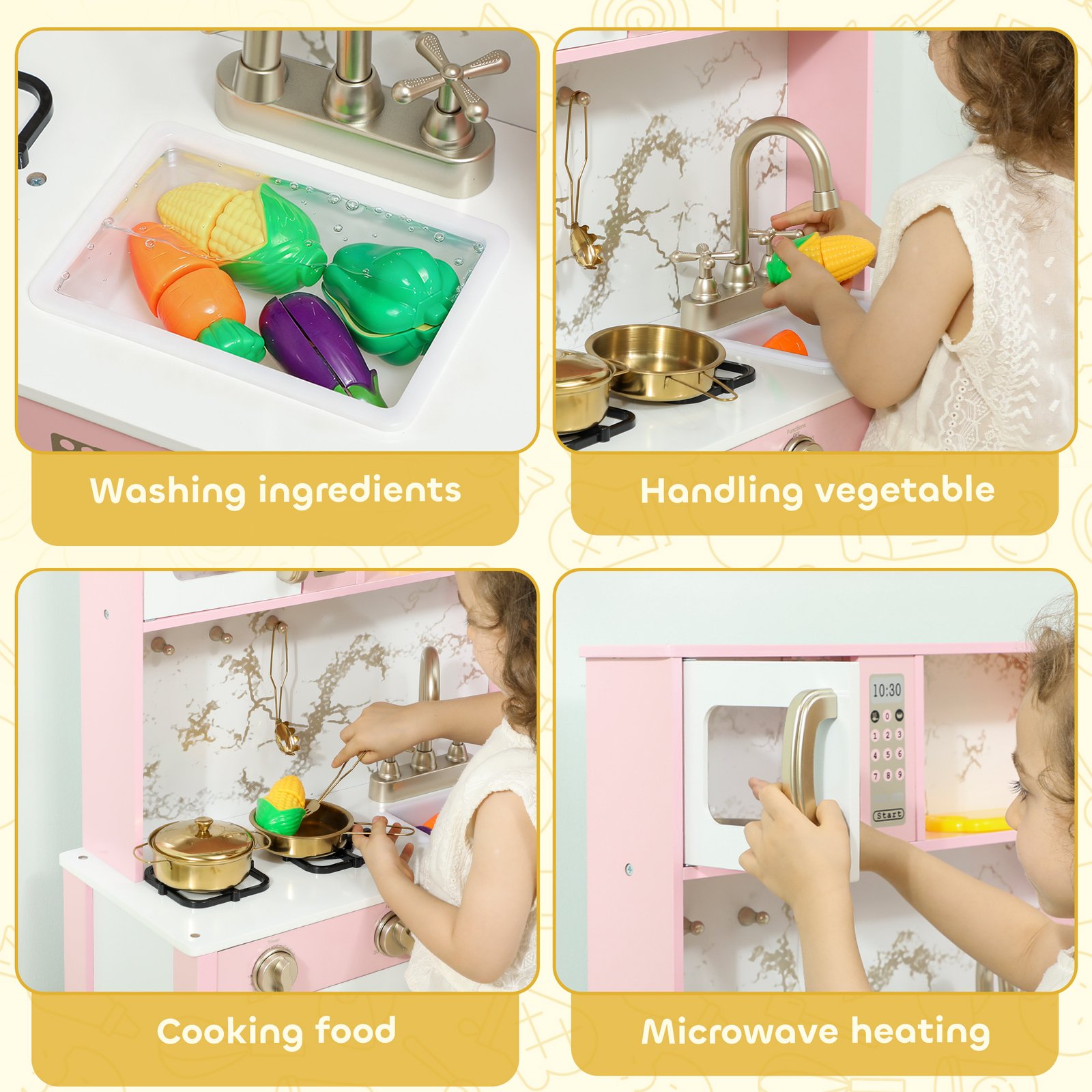 AIYAPLAY Kitchen Playset with Pretend Play Cooking Accessories, Play Kitchen with Oven, Microwave and Sink, Pink - Image 5