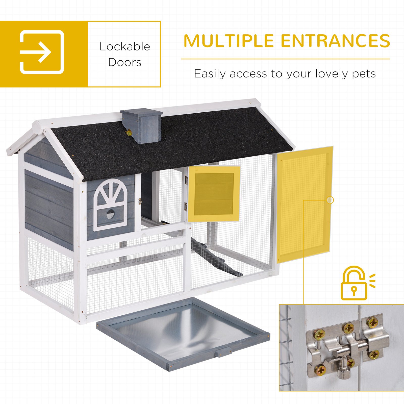 PawHut Wooden Rabbit Hutch and Run with Sliding Tray, Ramp, Water-resistant Roof, for 2-4 Rabbits, Grey - Image 5