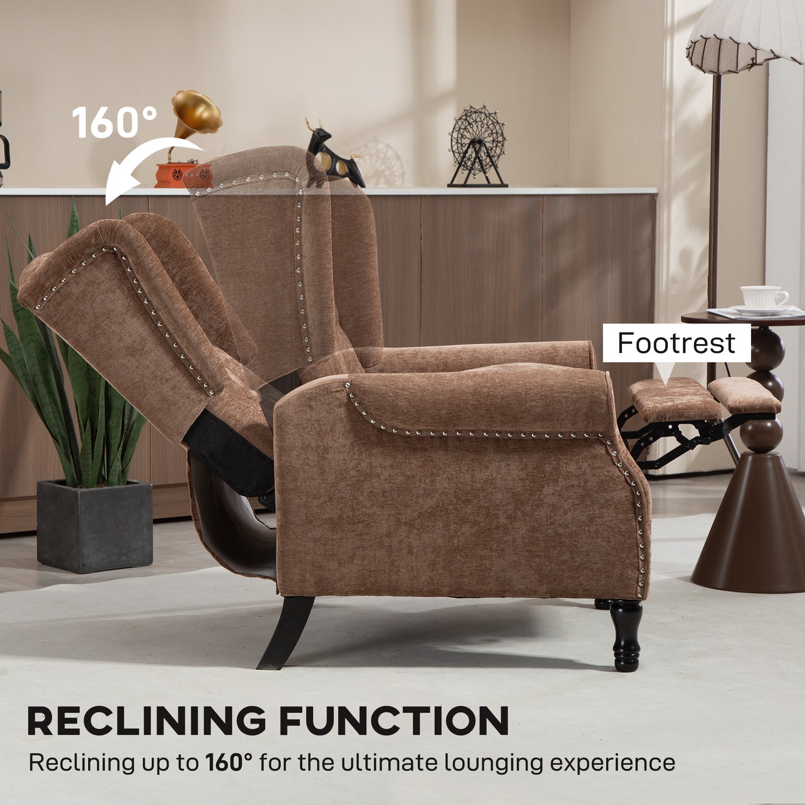 HOMCOM 150° Reclining Vintage Armchair, with footrest - Brown - Image 4