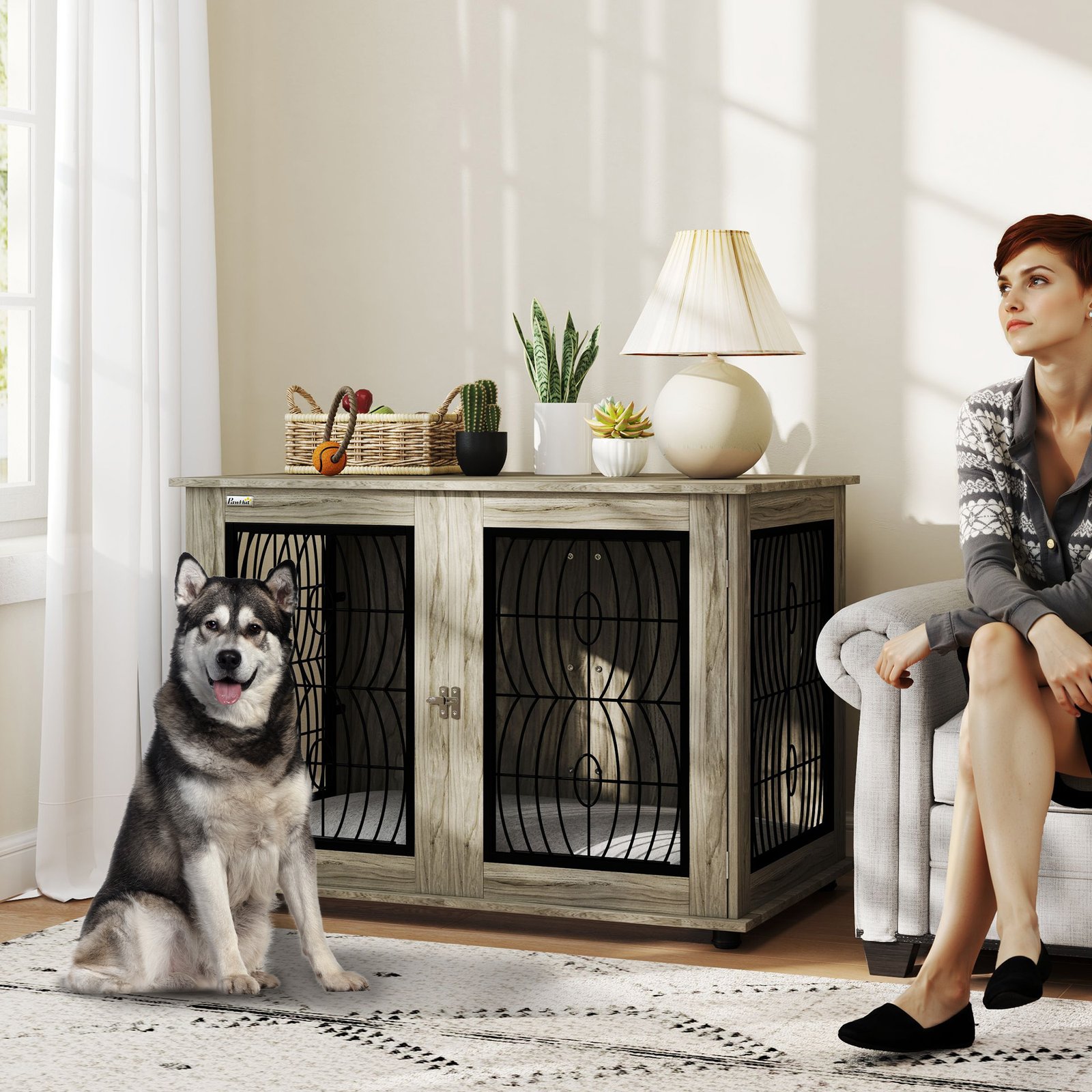 PawHut 46.46'' Dog Crate Furniture Table with Soft Washable Cushion and Lockable Door, for Large Indoor Dogs, Grey - Image 2