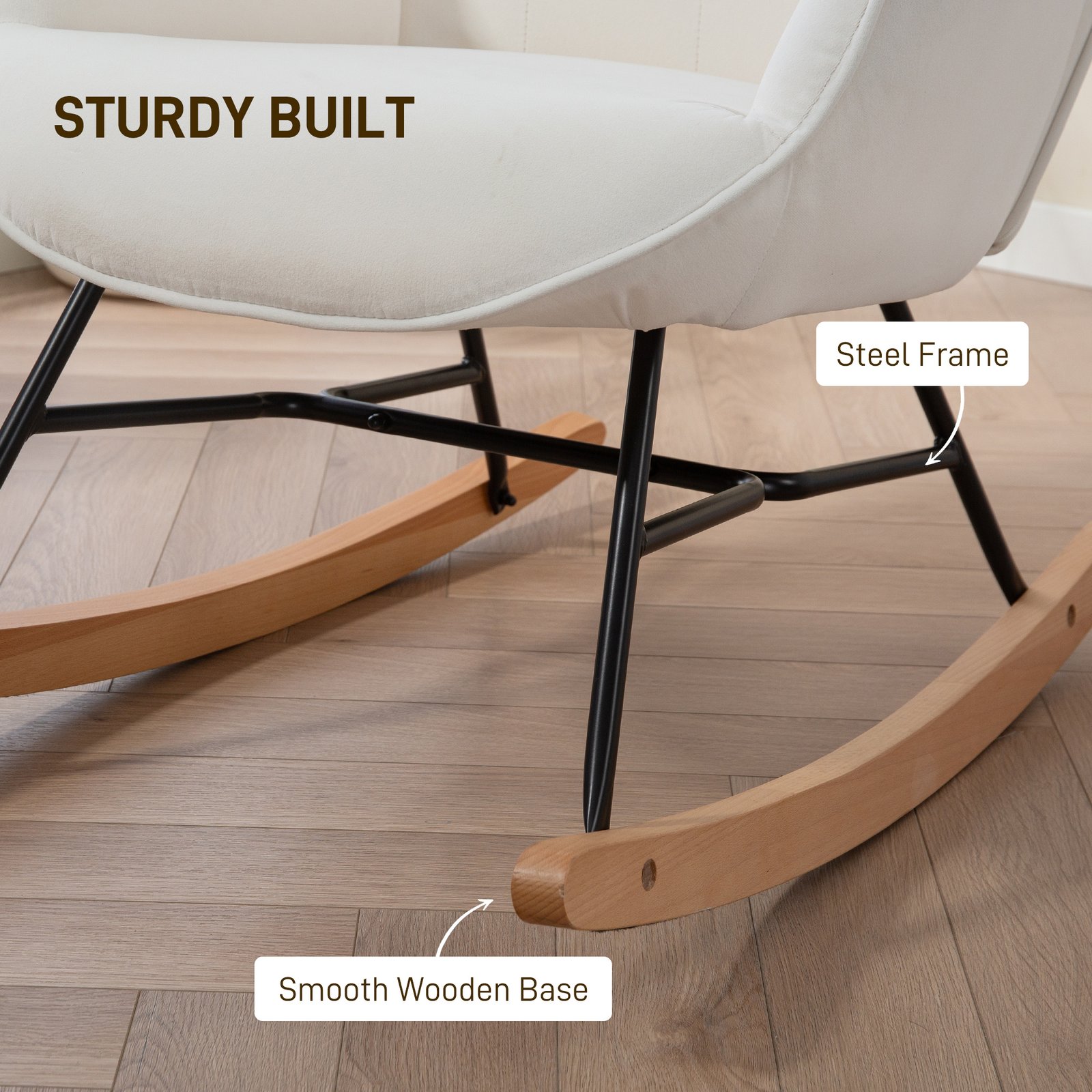 HOMCOM Rocking Chair, Modern Upholstered Velvet Armchair with Solid Wood Legs and Metal Frame for Living Room, Bedroom, Cream - Image 4