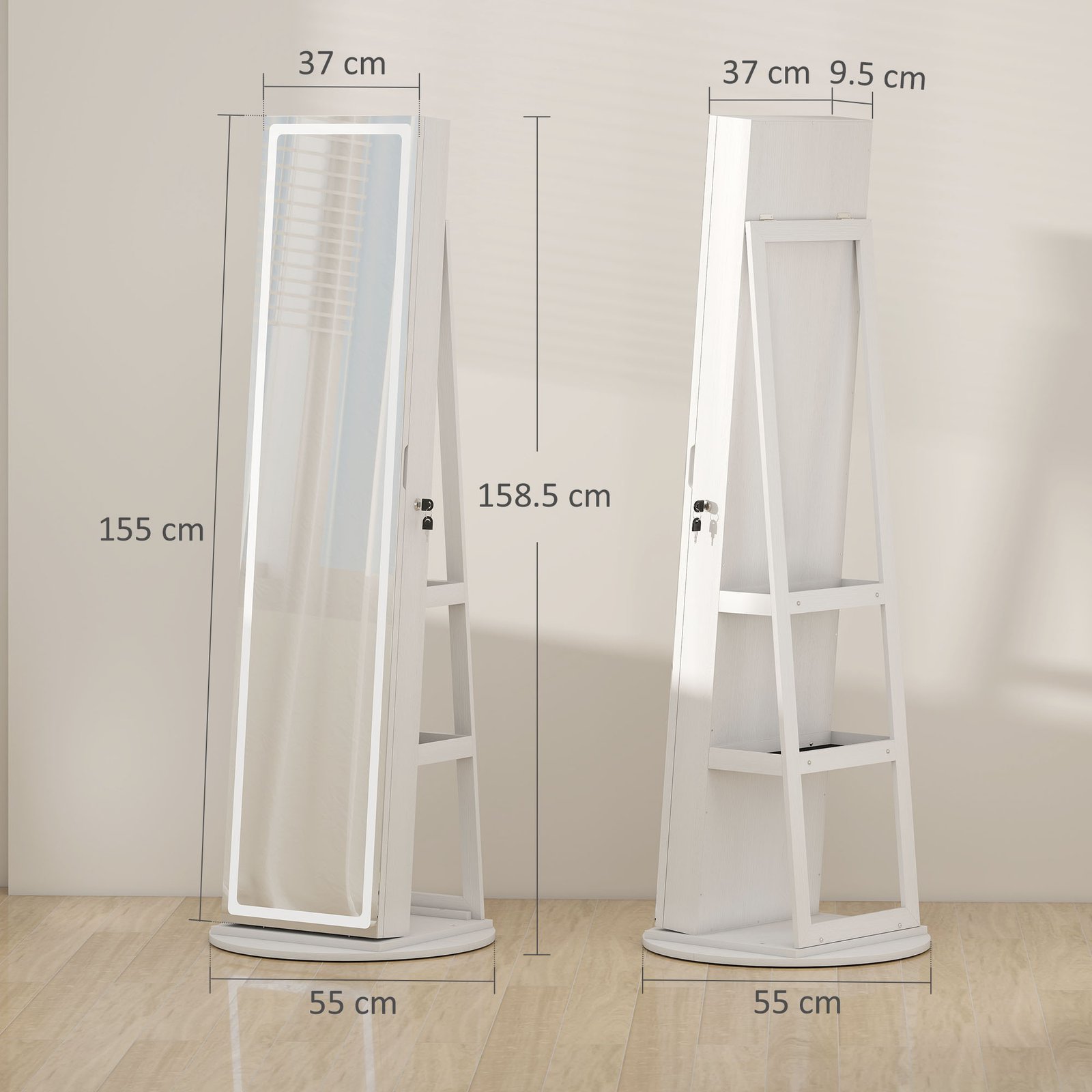 HOMCOM Storage Jewellery Cabinet, with Mirror and Lights - White - Image 3