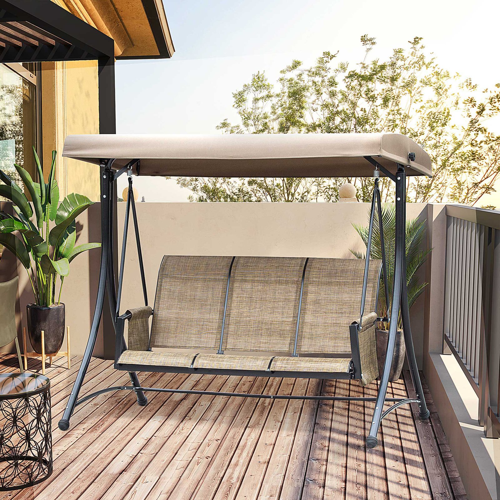 Outsunny 3 Seater Garden Swing Seat Outdoor Swing Chair with High Back Design, Steel Frame, Side Pouches, Adjustable Canopy, Brown - Image 2