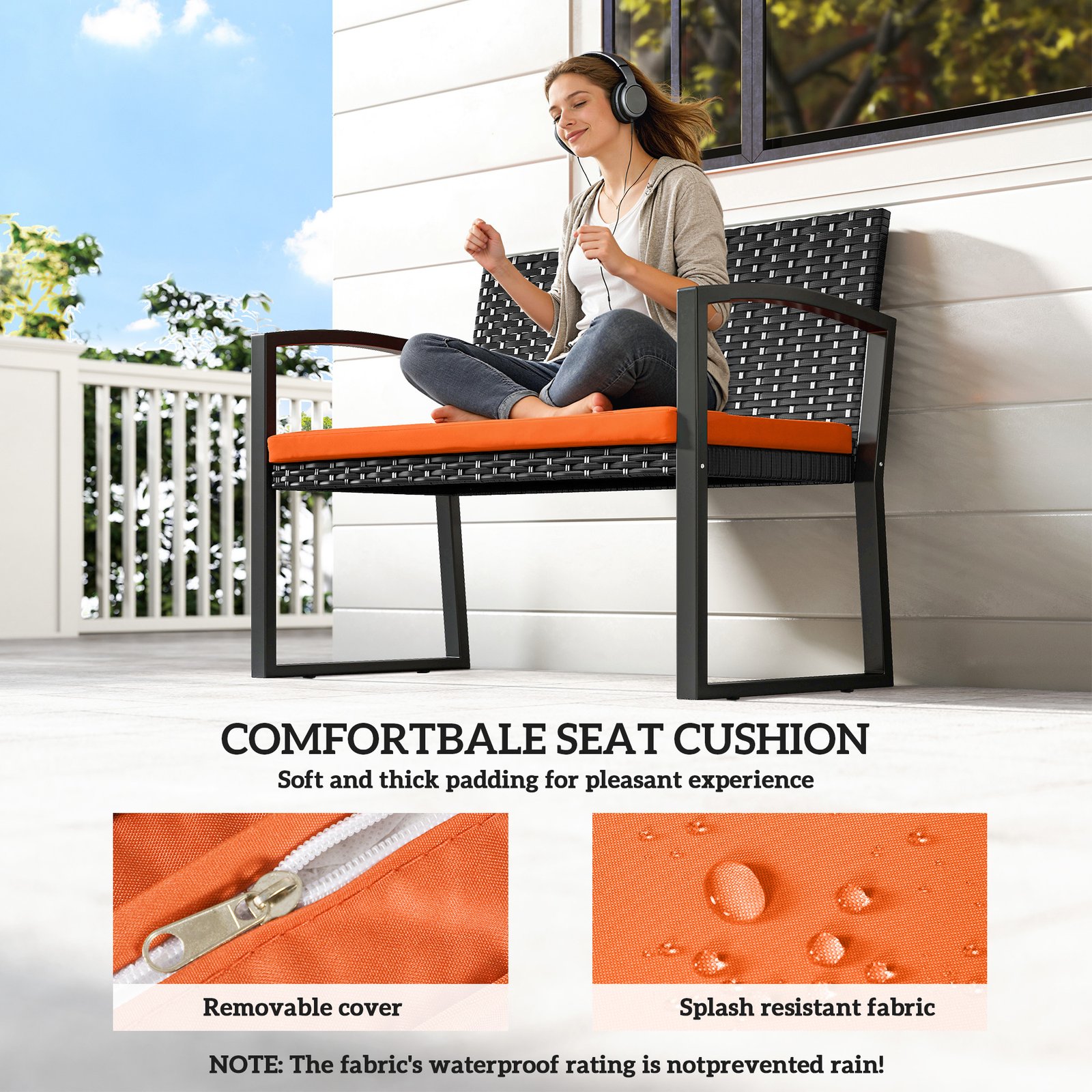 Outsunny Two-Seater Rattan Garden Bench - Orange - Image 6