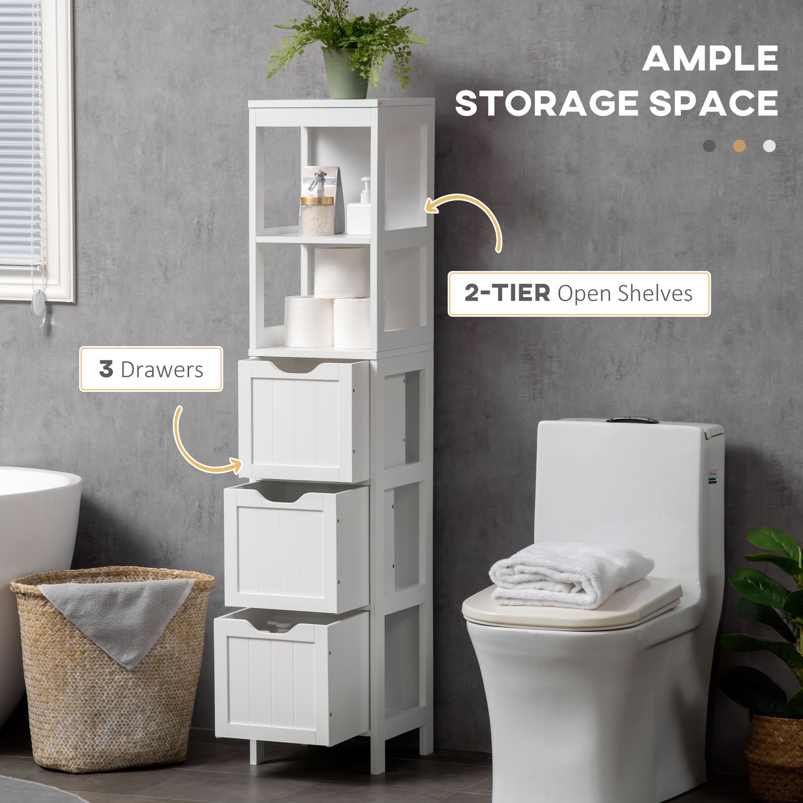 HOMCOM Narrow Floor Cabinet, Bathroom Cabinet with 3 Drawers and 2 Open Shelves, 30W x 30D x 141.6Hcm, White - Image 4