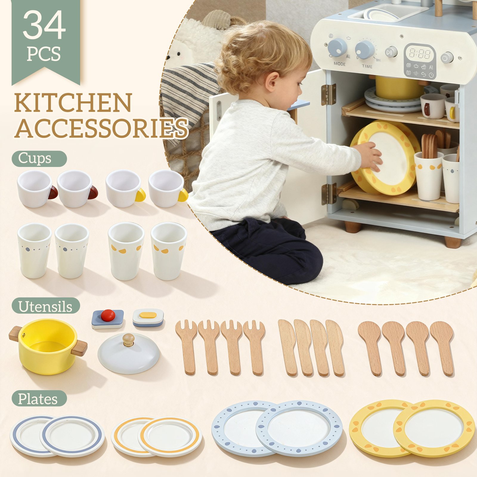 AIYAPLAY Wooden Dishwasher Playset, Kitchen Sink Toys with Faucet, Sink and Accessories, Gift for Boys Girls Toddlers - Image 5