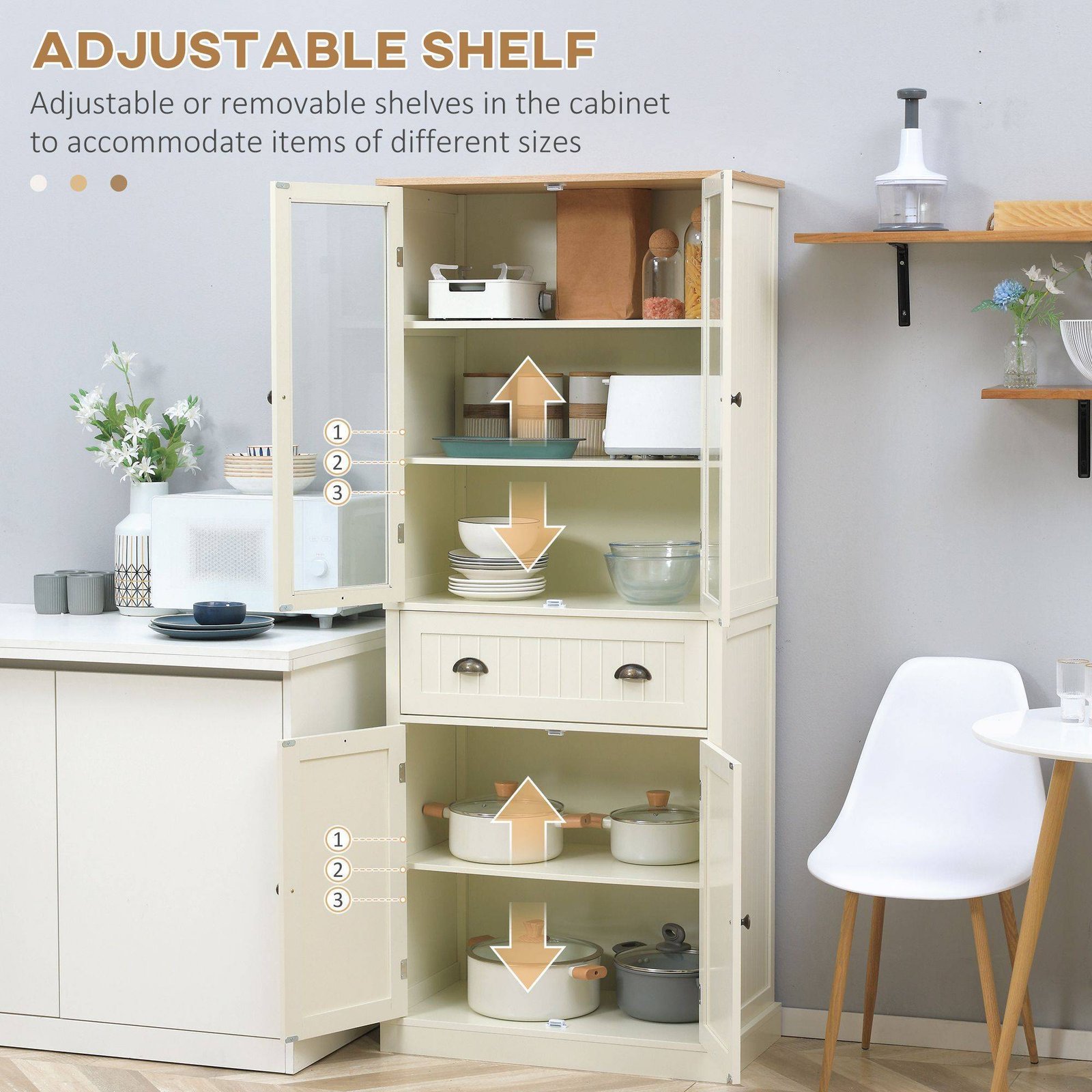 HOMCOM Freestanding Kitchen Cupboard, 5-tier Storage Cabinet with Adjustable Shelves and Drawer for Living Room, Dining Room, Cream White - Image 6