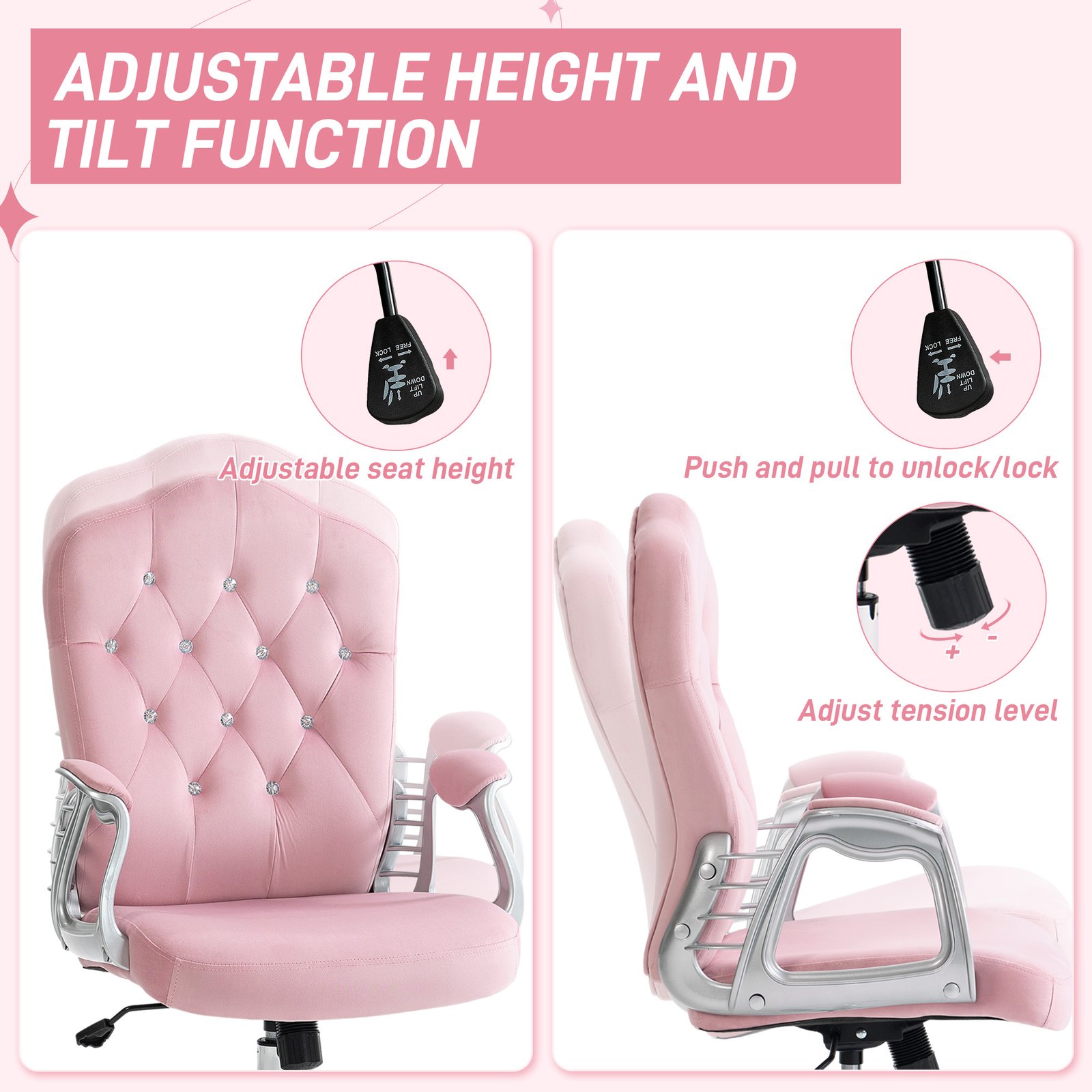 Vinsetto Velvet-Feel Work Chair, with Diamante Back - Pink - Image 5