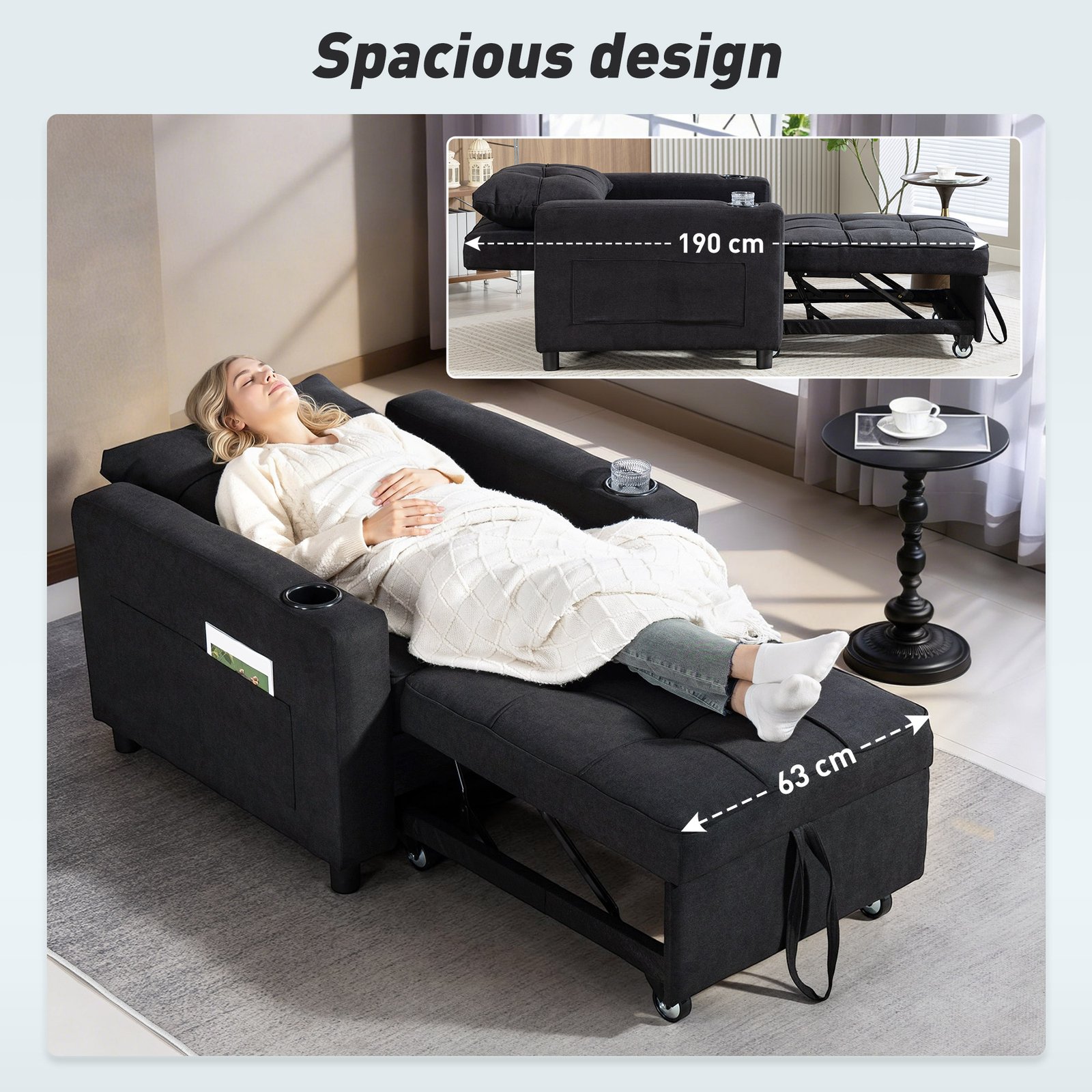 HOMCOM 3-in-1 Single Sofa Bed, Convertible Sleeper Chair Bed - Black - Image 6