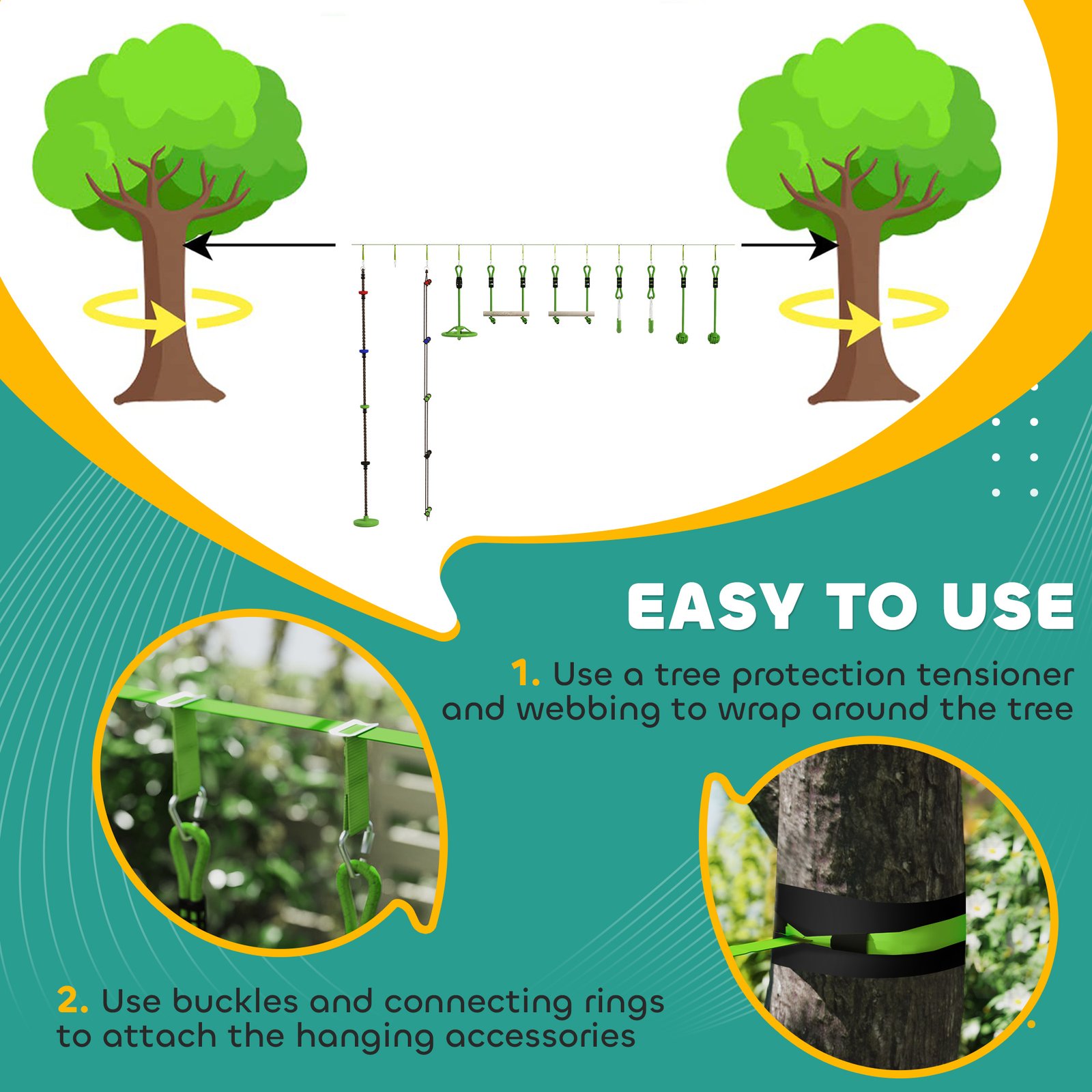 AIYAPLAY Obstacle course for Kids, with 10-Piece Slackline Kit with Monkey Bars, Gym Rings, Rope Ladder, Nest Swing, Hanging Tray - Image 5