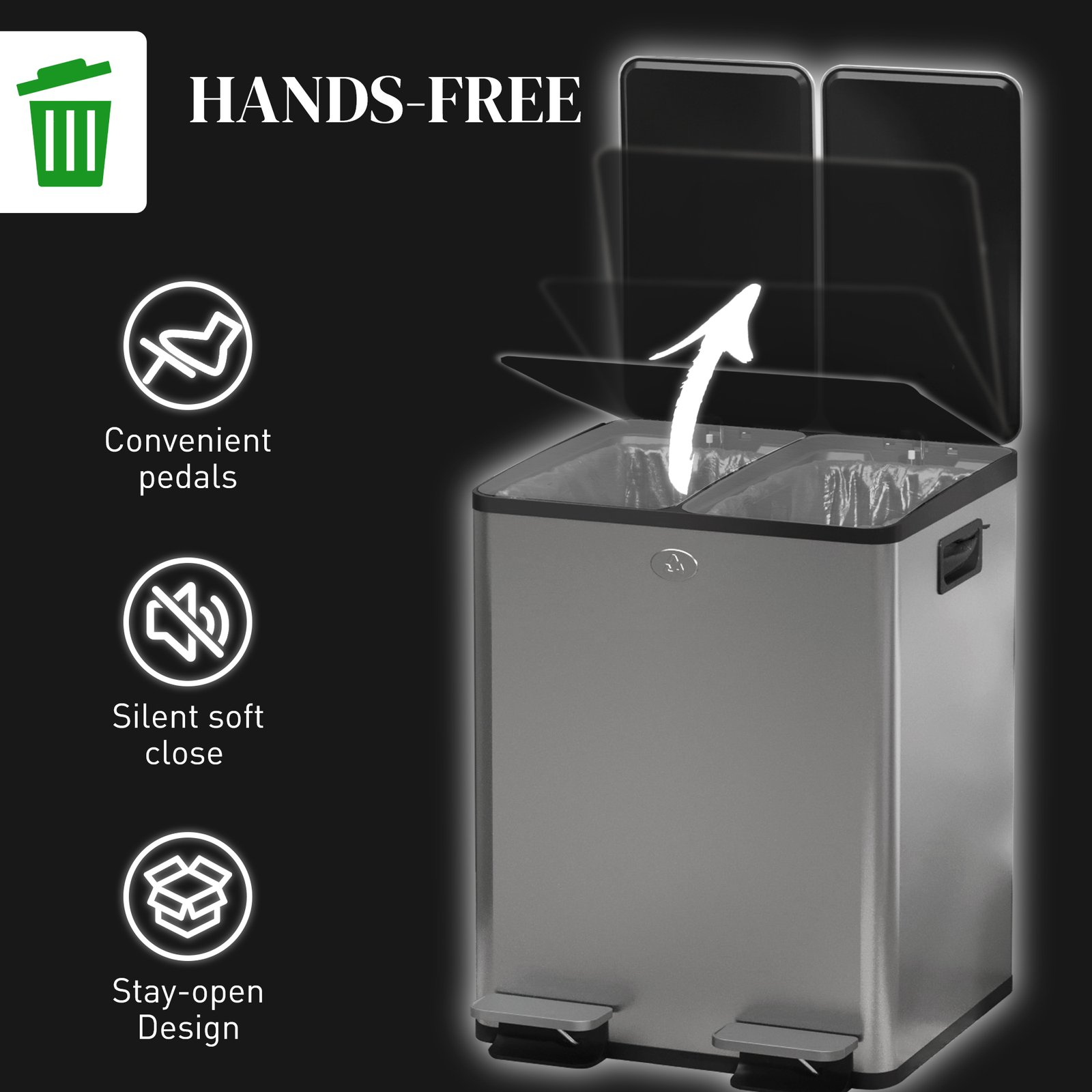 HOMCOM 40L Dual Compartment Stainless Steel Bin, with Deodoriser Holders - Silver Tone - Image 6
