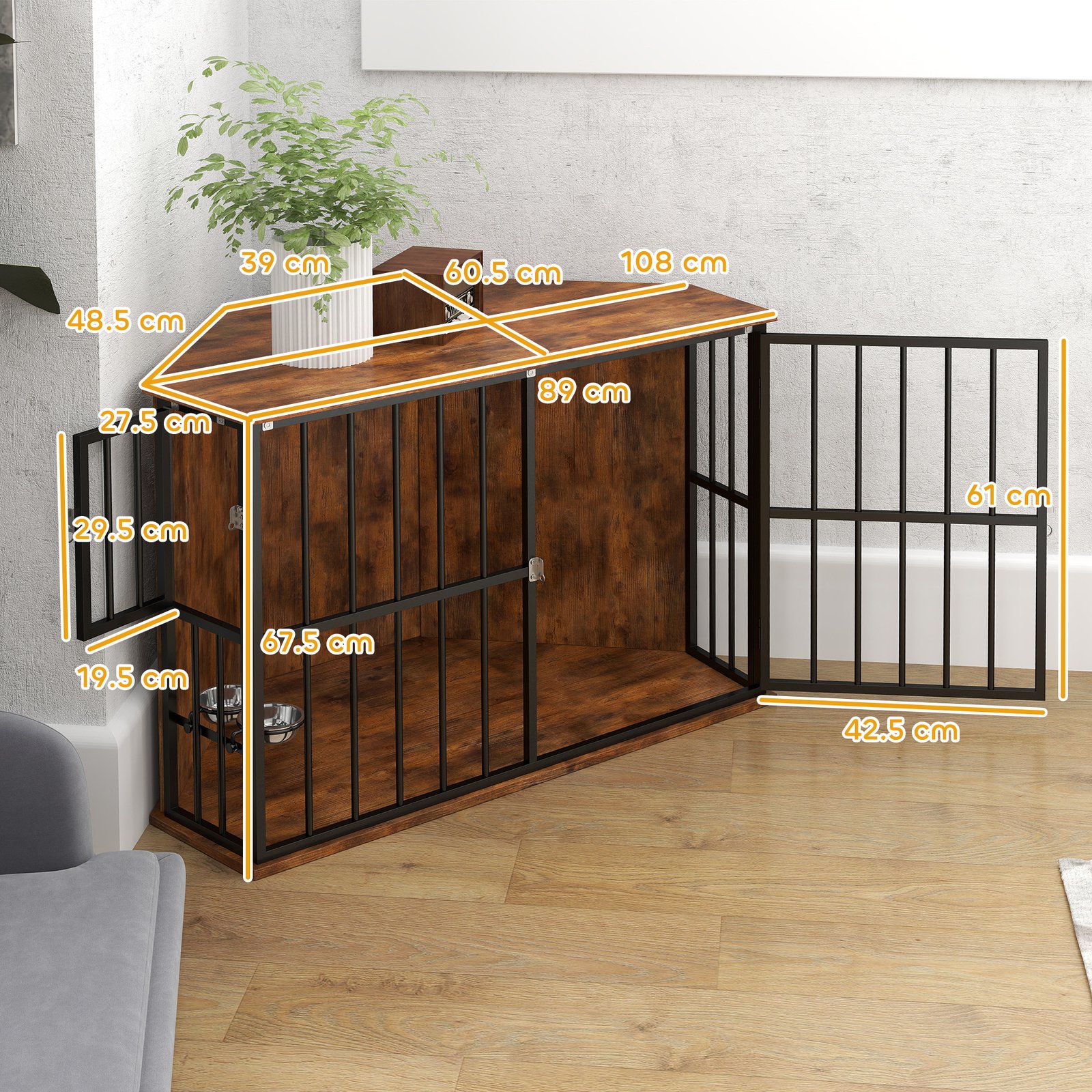 PawHut Corner Dog Crate Furniture with Two Bowls, Lockable Doors, for Small, Medium Dogs, Rustic Brown - Image 3