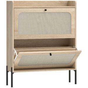 HOMCOM Shoe Cabinet with 2 Flip Drawers, Boho Narrow Shoe Storage Cabinet, Oak