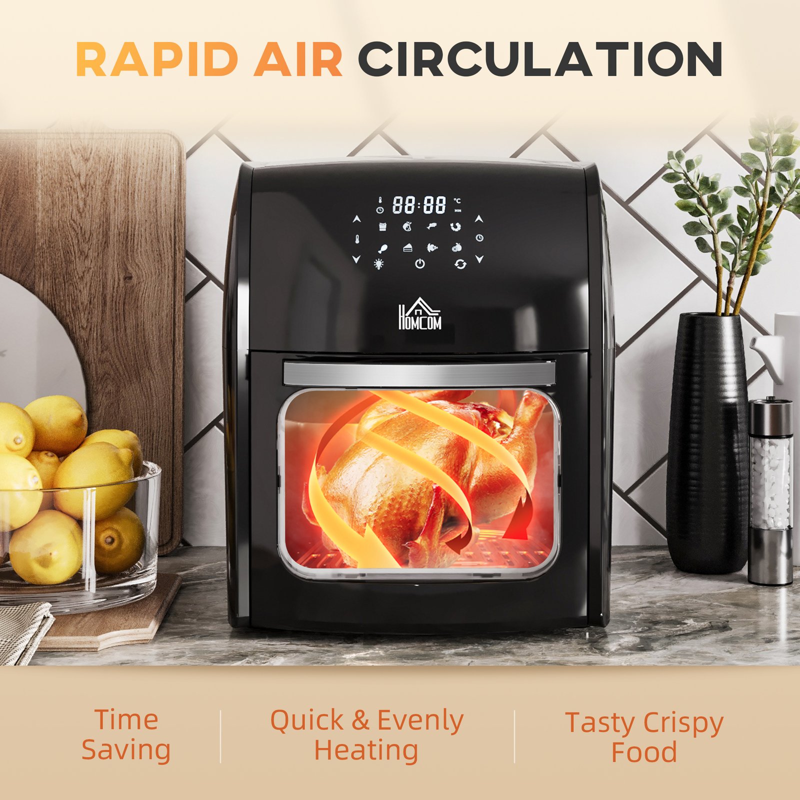 HOMCOM 12L 8 in 1 Digital Air Fryer Oven with Roast, Bake, Dehydrate, 8 Preset Modes, Rapid Air Circulation, Timer, Inner Light, Memory Function, 1800W, Dish Wash Accessory, Black - Image 7