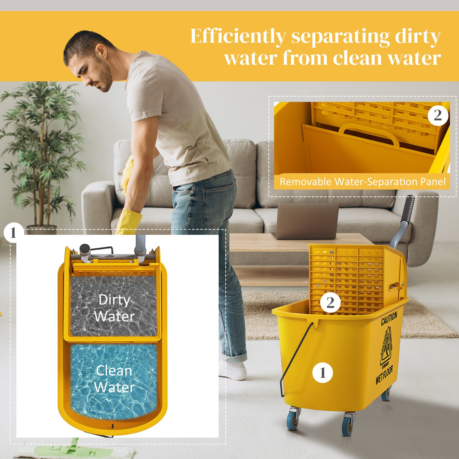 HOMCOM Mop Bucket with Wringer Set on Wheels for Floor Cleaning, 20 Litre Side Press Wringer with Handle and Mop, Yellow - Image 5