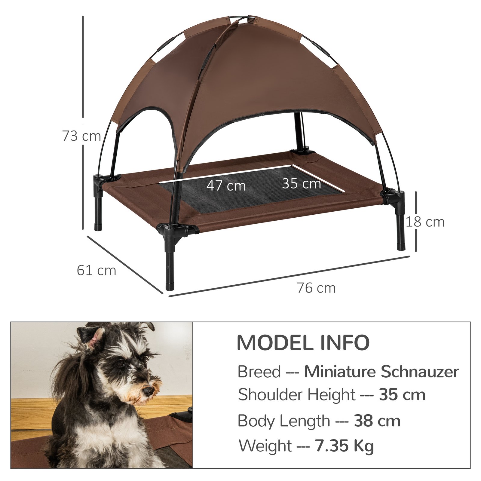 PawHut Outdoor Dog Bed with Removable Canopy, Portable Raised Dog Bed for Camping, Garden & Beach, Water-Resistant UV-Protection Mesh Pet Cot Sun Lounger, for Medium Pets, 76 x 61 x 73 cm, Brown - Image 3