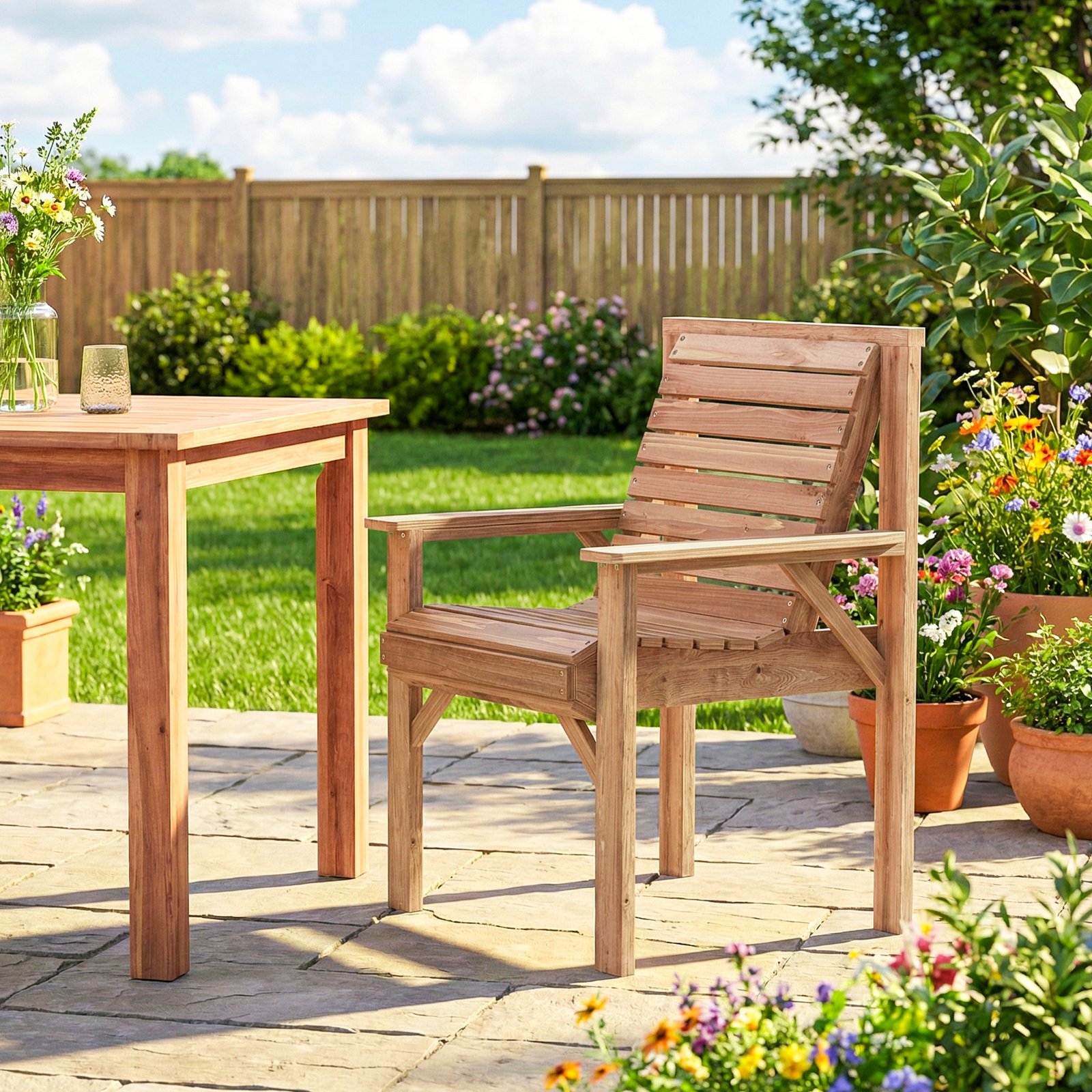 Outsunny Wooden Garden Dining Chair, Outdoor Chair Garden Armchair with Curved Seat and Wide Armrests, Natural Wood Finish - Image 2