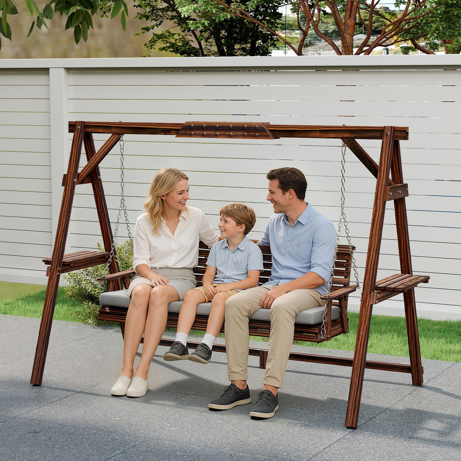Outsunny 3 Seater Garden Swing Seat, Wooden Swing Chair Bench with Cushion, Side Trays and Metal Chains, for Outdoor Porch Patio, Carbonised Brown - Image 8