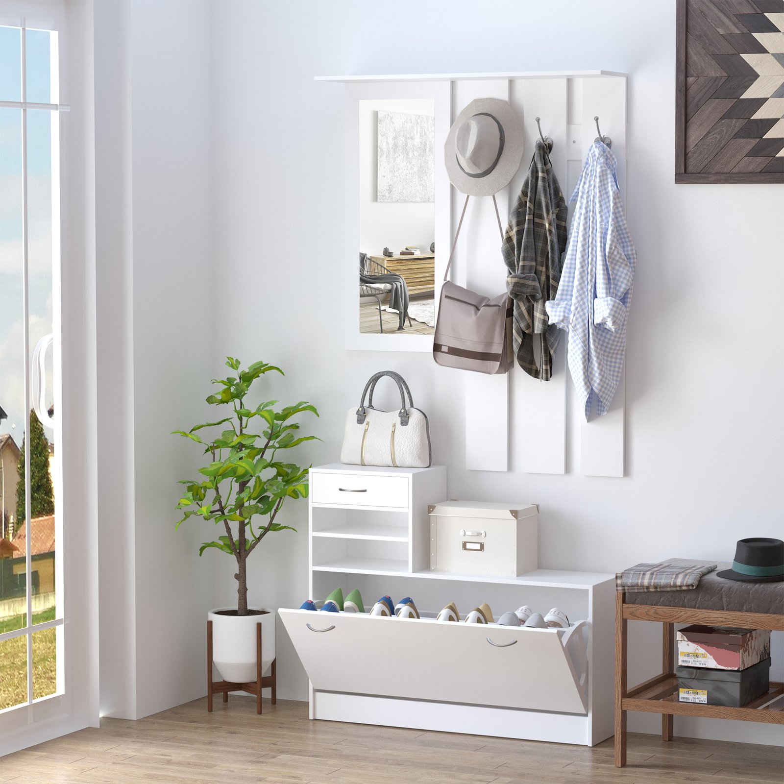 HOMCOM 2PC Shoes Storage Chest Cloths Rack Unit w/Mirror Multiple Shelves Large Storage Capacity Shoes Cabinet 6 Hooks Cloth Rack White - Image 7