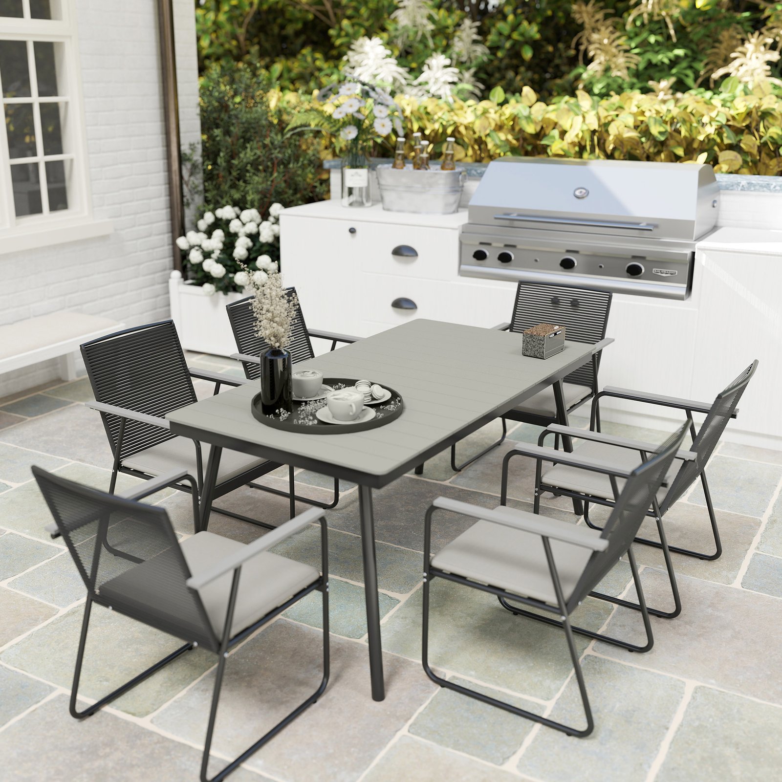Outsunny 6 Seater Garden Dining Set with Soft Cushions, Rattan Backrest, Rectangular Plastic Top, Garden Furniture Set, Outdoor Dining Table and Chairs for Patio, Balcony, Poolside, Grey - Image 8