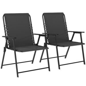 Outsunny Folding Garden Chairs Set of 2, Outdoor Dining Chairs with Wide Texteline Seat, High Back and Armrests, Black