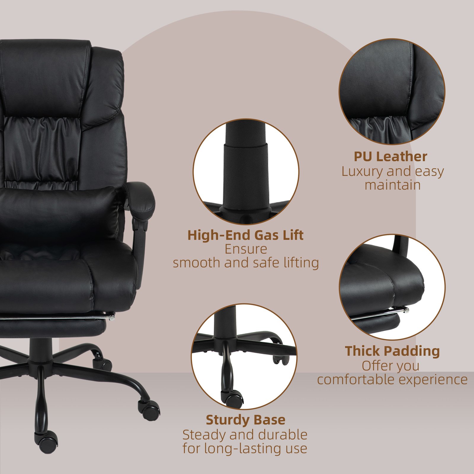 Vinsetto 6-Point Massage Office Chair, PU Leather Desk Chair with Adjustable Height and Footrest for Home Office, Black - Image 8