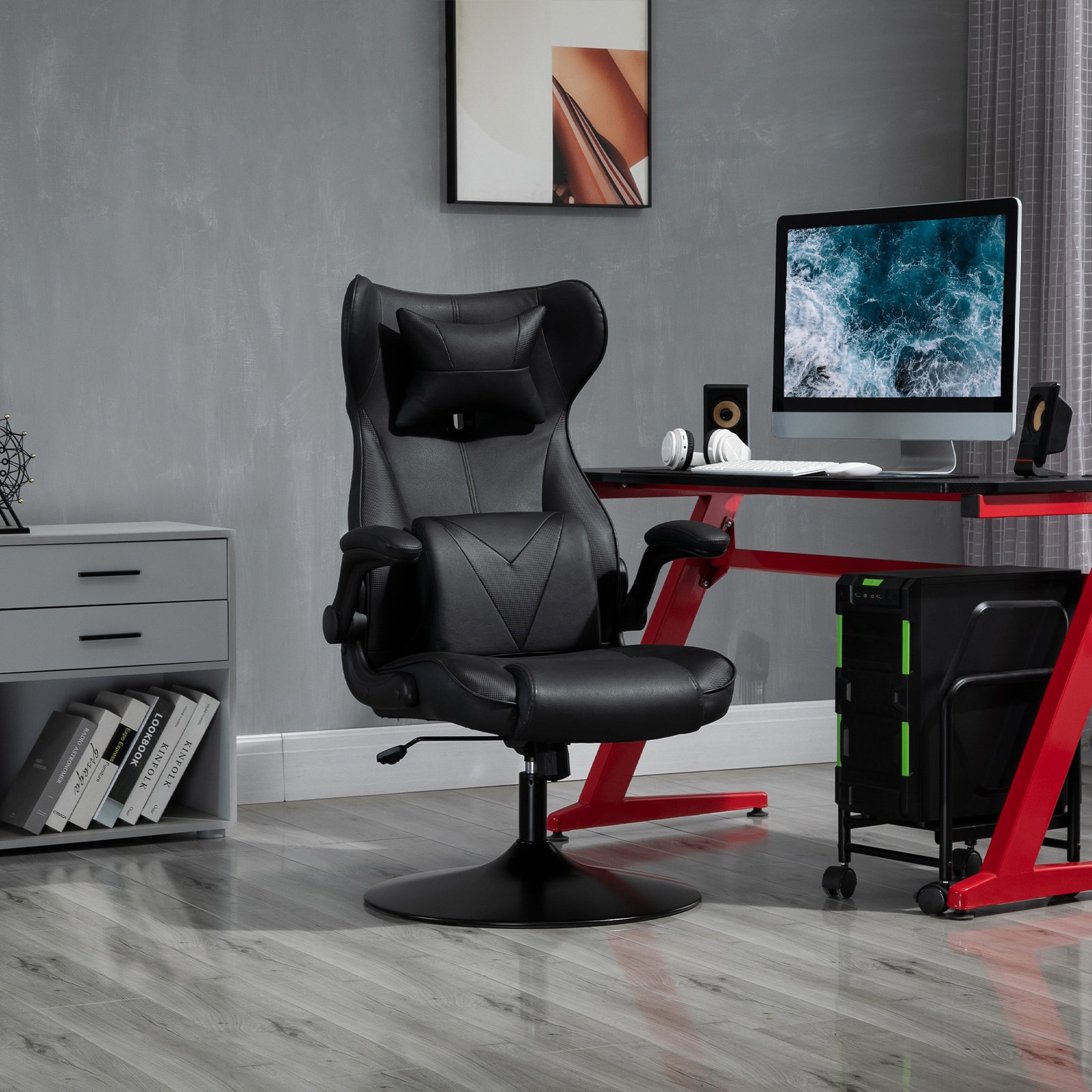 Vinsetto Video Game Chair with Lumbar Support, Racing Style Home Office Chair, Computer Chair with Swivel Base, Flip-up Armrest and Headrest, Black - Image 2