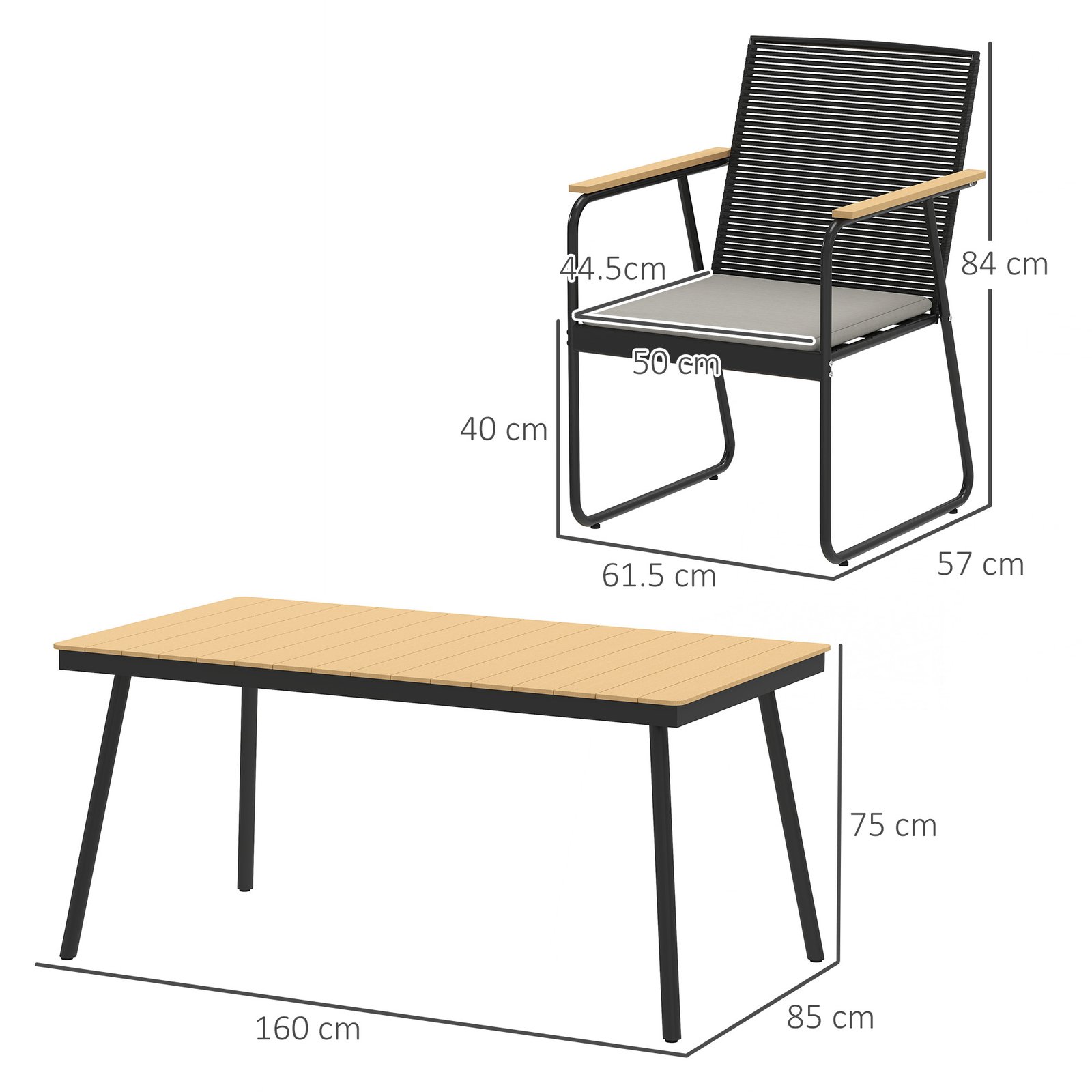 Outsunny 6 Seater Garden Dining Set with Soft Cushions, Rattan Backrest, Rectangular Plastic Top, Garden Furniture Set, Outdoor Dining Table and Chairs for Patio, Balcony, Poolside, Nature Wood Finish - Image 3
