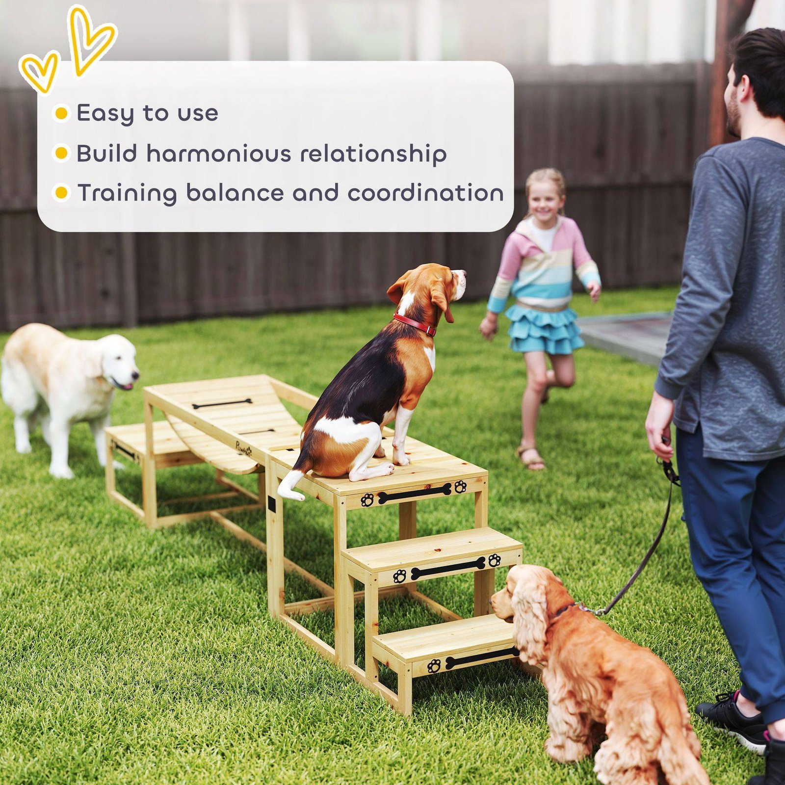 PawHut 3 Pieces Wooden Dog Agility Training Equipment with Soft Bridge, Pause Platform and Pet Stair for Outdoor, Natural Wood - Image 5
