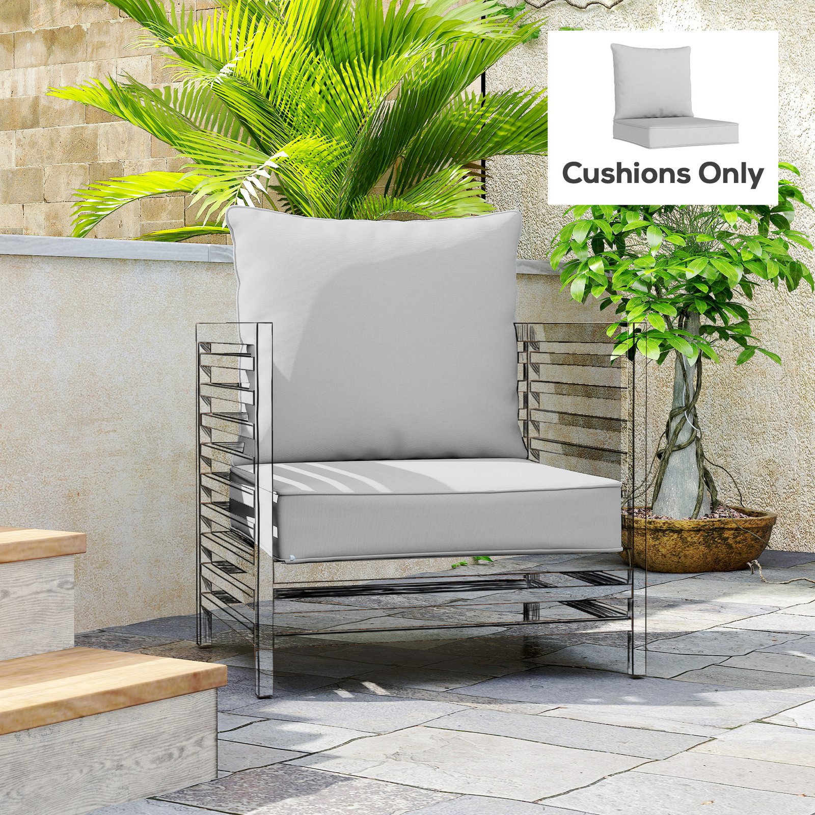 Outsunny Outdoor Seat and Back Cushion Set, 63L x 55W x 15Dcm Patio Deep Seating Chair Fade Resistant Replacement Cushion, Light Grey - Image 9