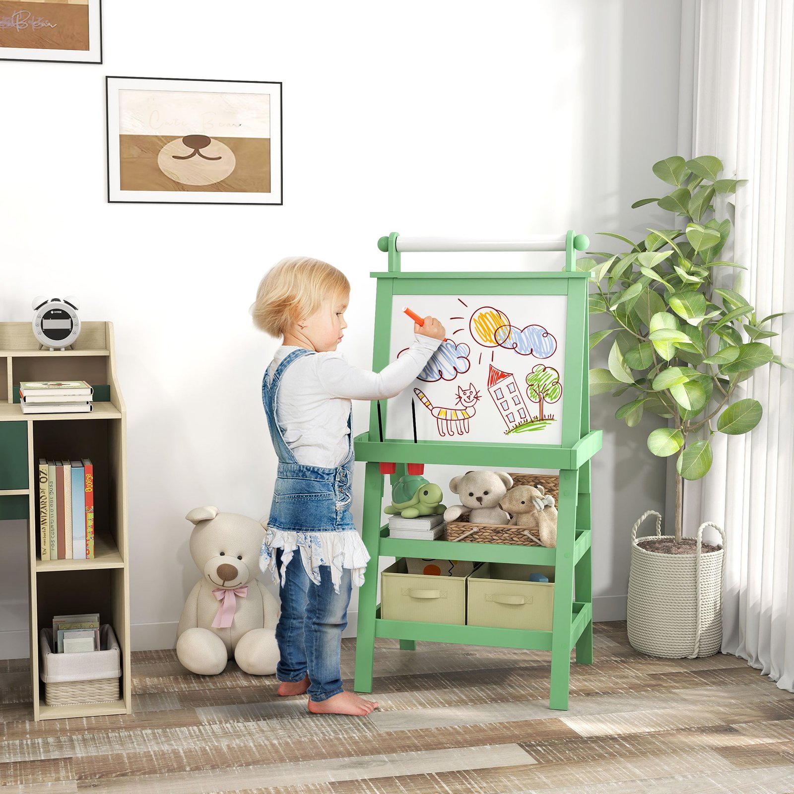 AIYAPLAY 3 in 1 Kids Easel Double-Sided Magnetic Whiteboard and Chalkboard with Paper Roll, Storage Baskets - Green - Image 2