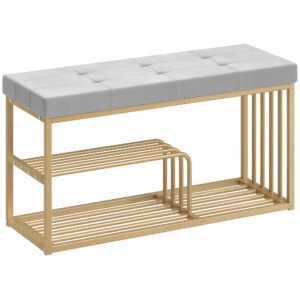 HOMCOM Bench and Shoe Storage, Tufted Shoe Storage Bench with Velvet Seat Cushion Gold Steel Frame for Entryway, Grey