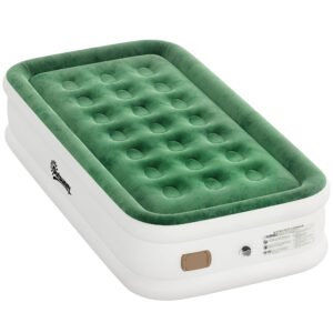 Outsunny Inflatable Mattress, Single Air Bed with Built-in Electric Pump, 3 Mins Inflation, Flocked Surface, Dark Green
