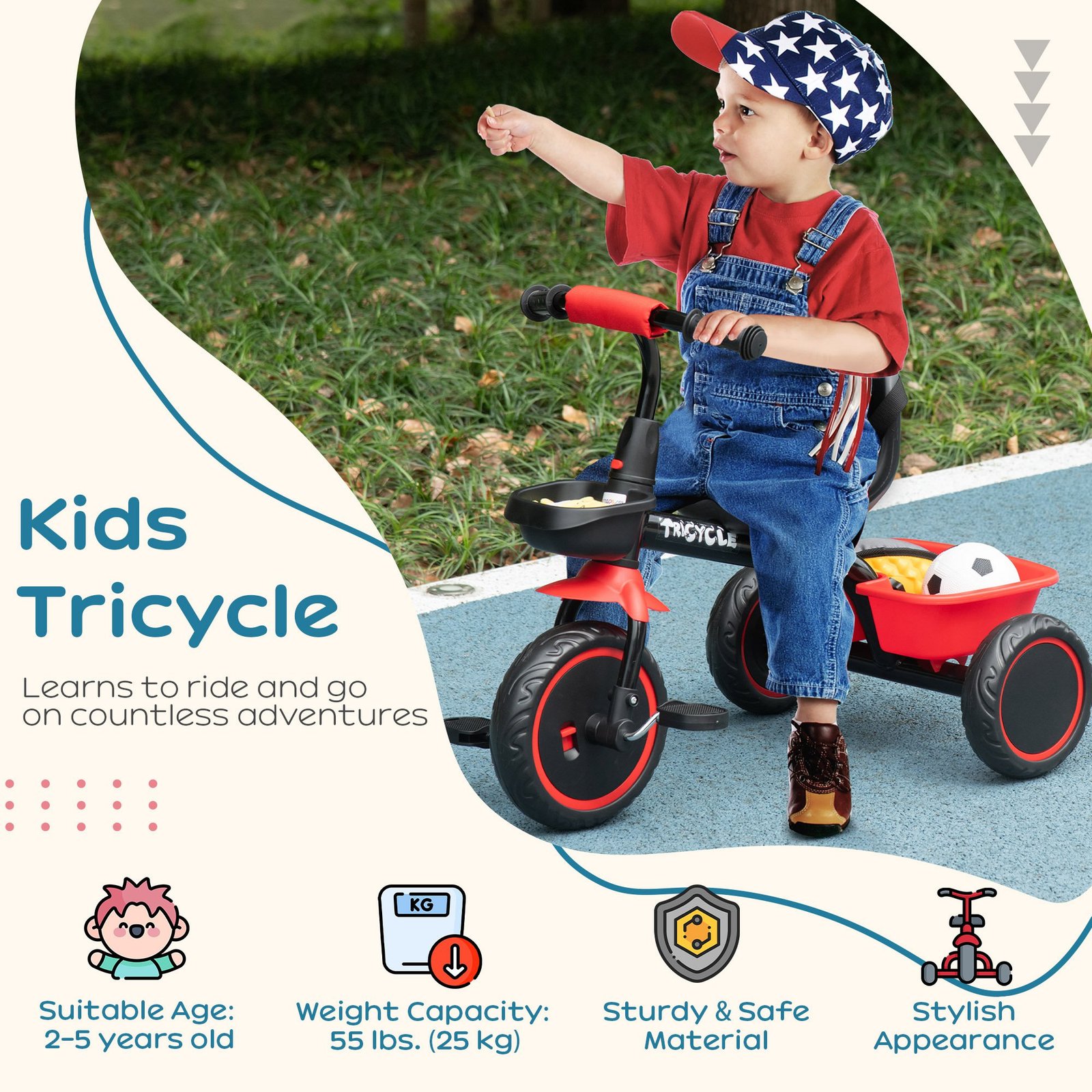 AIYAPLAY Kids Trike for 2-5 Years with Adjustable Seat, Pedal, Baskets, Red - Image 4