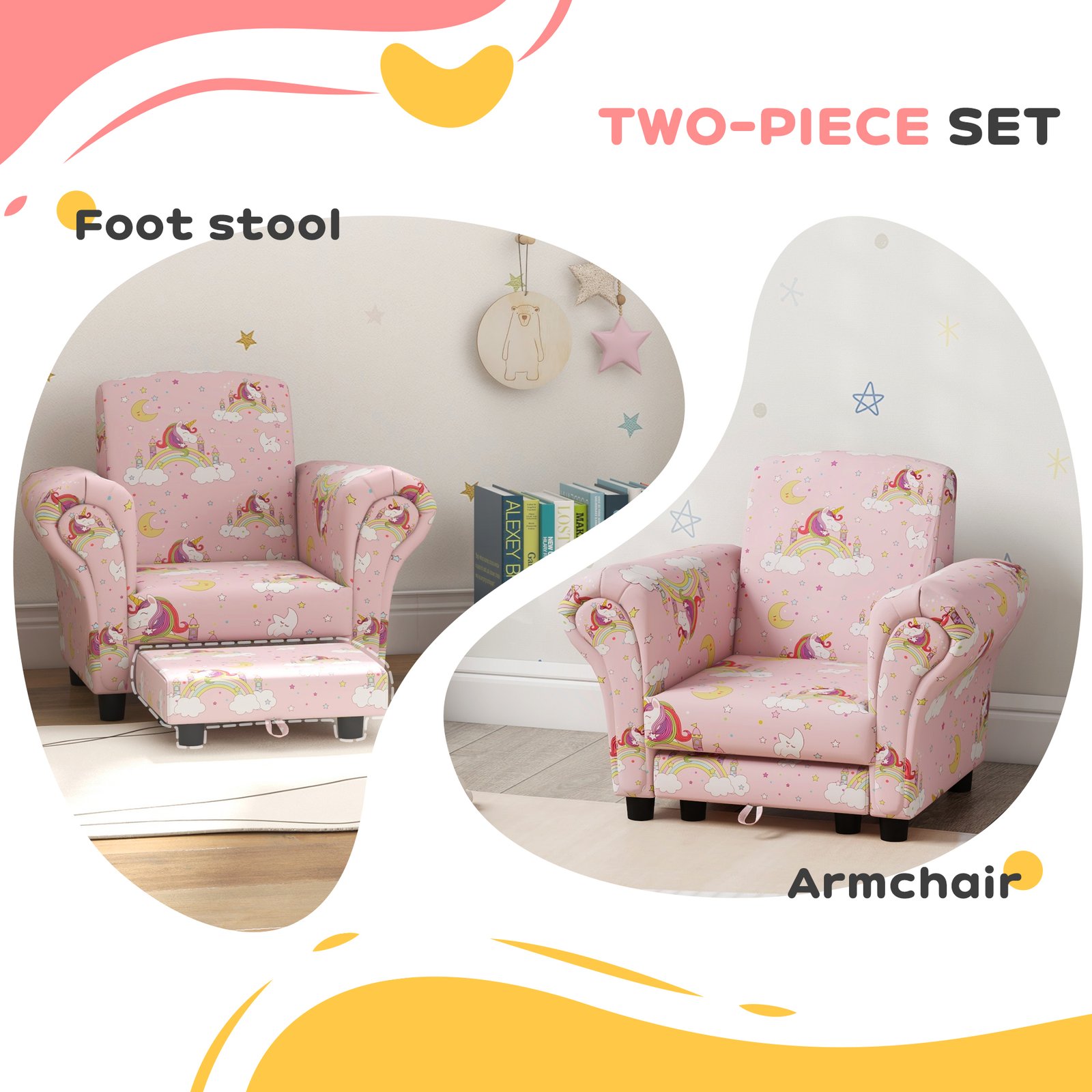 AIYAPLAY 2 Piece Kids Sofa Set with Unicorn Design, Wooden Frame, for 1.5-3 Years Old, Pink - Image 4