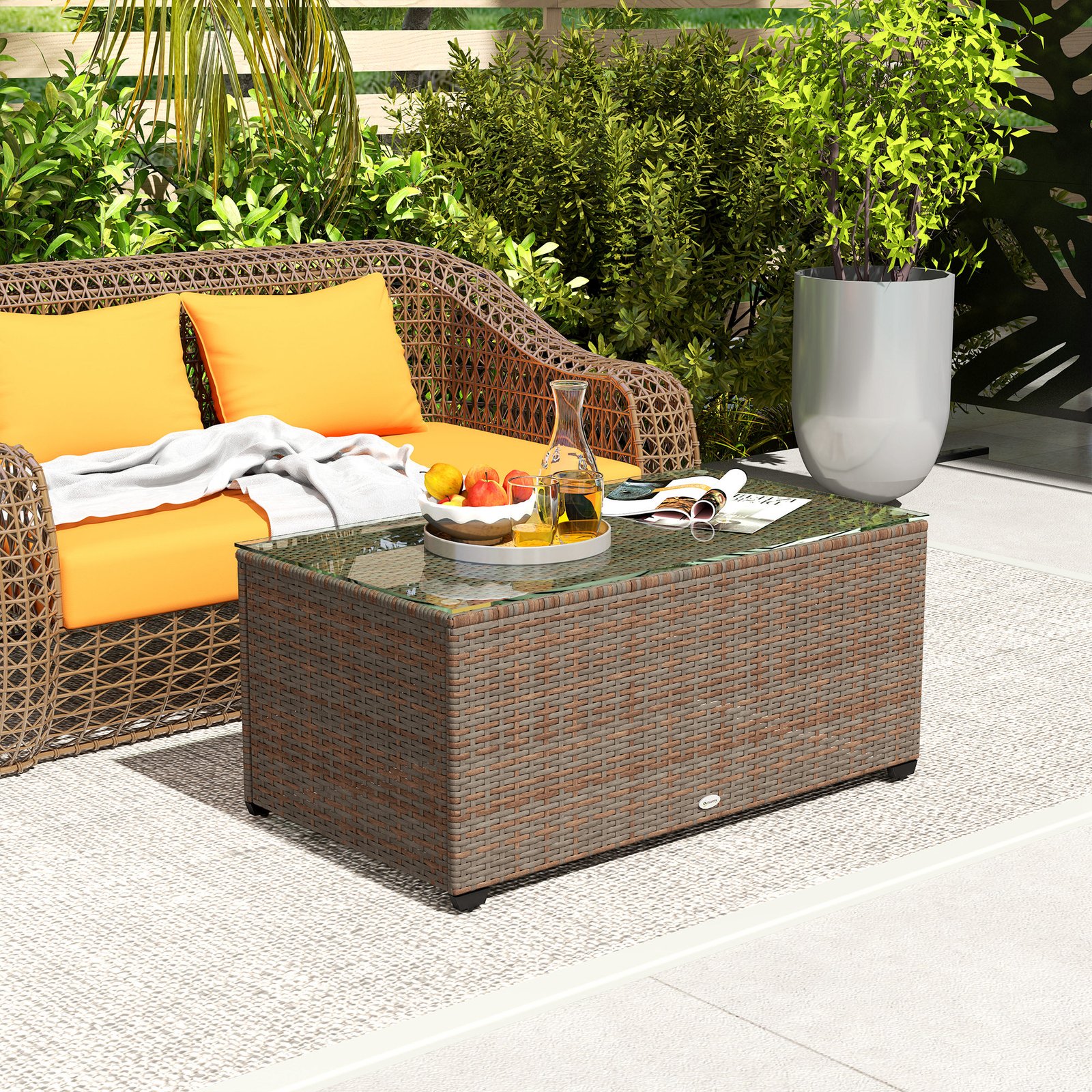 Outsunny 90 x 50cm Glass-Top Rattan Side Table - Brown - Image 2