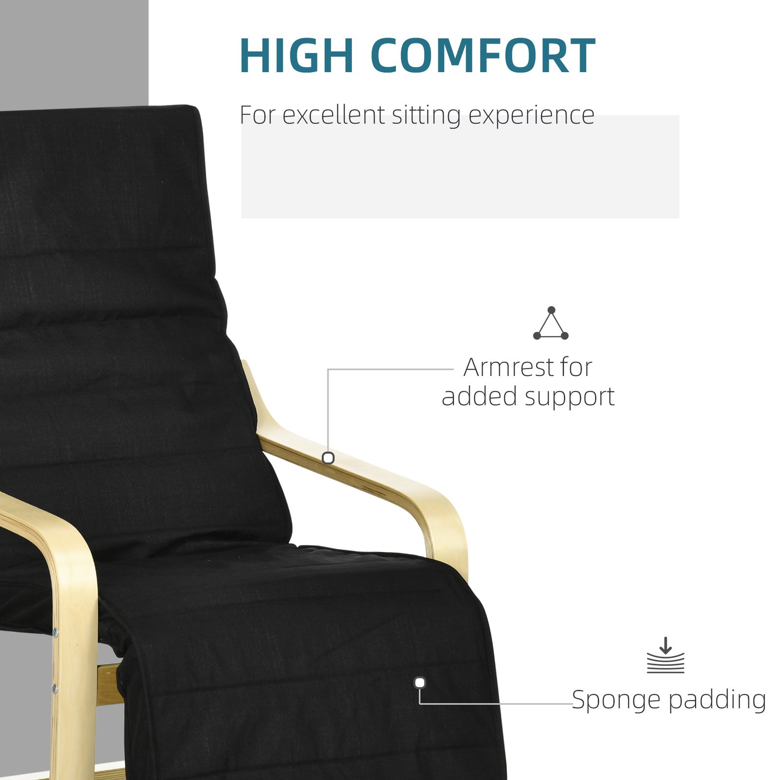 HOMCOM Wooden Armchair, Upholstered Linen Lounge Chair with Adjustable Footrest & Removable Cushion, Poang Chair for Living Room, Black - Image 4