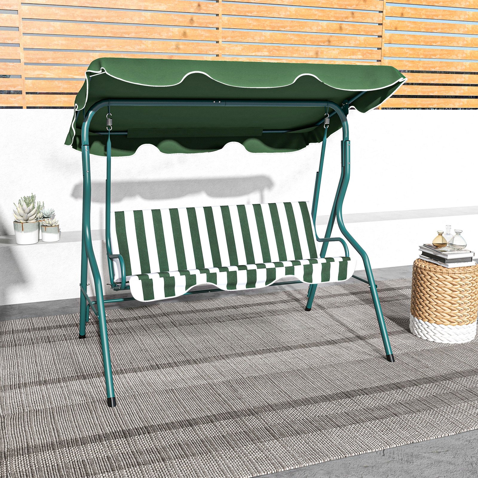 Outsunny 3 Seater Garden Swing Seat Chair Outdoor Bench with Adjustable Canopy and Metal Frame, Green Stripes - Image 7