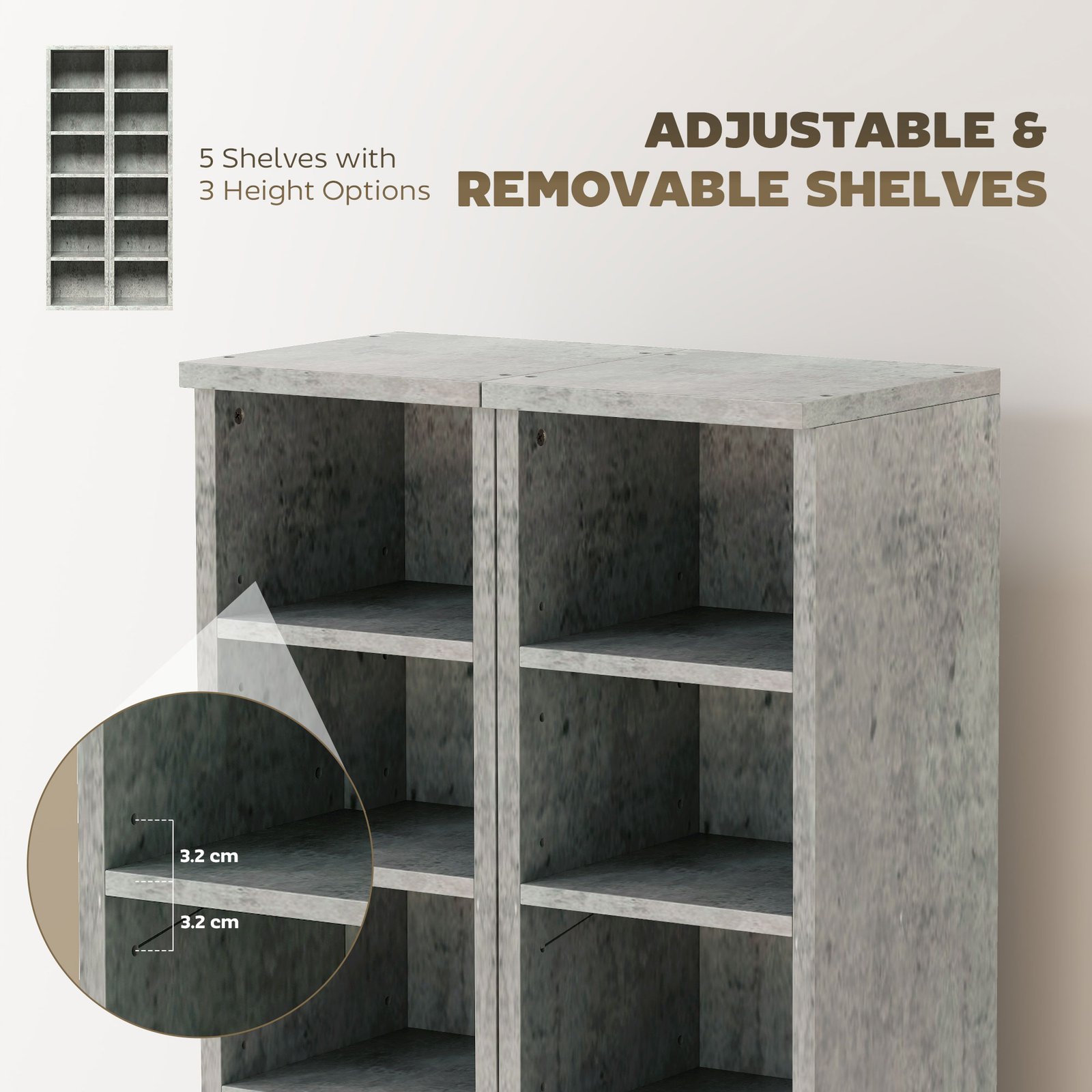 HOMCOM Set of 2 CD Media Display Shelf Unit Tower Rack with Adjustable Shelves, Cement Grey - Image 6