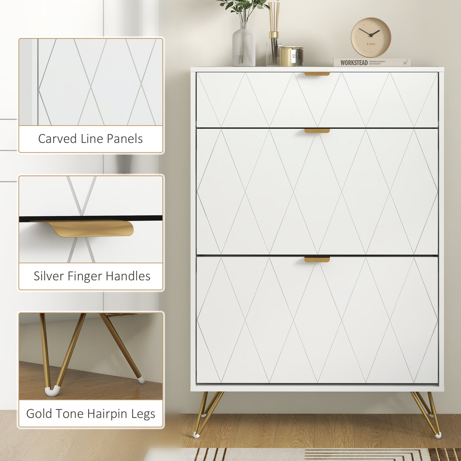 HOMCOM Two Flip Drawer Narrow Shoe Cabinet - White - Image 7