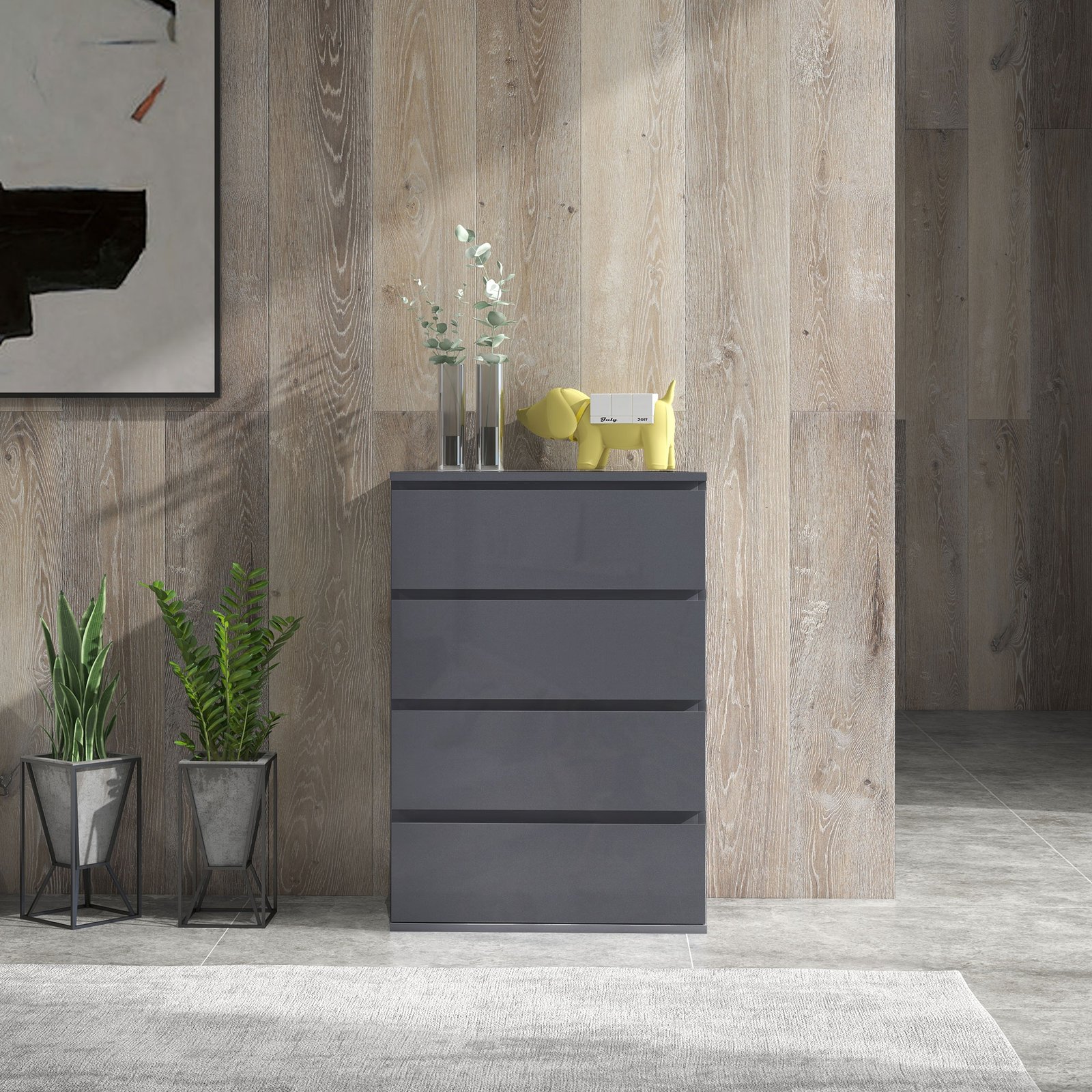 HOMCOM High Gloss Chest of Drawers, 4-Drawer Storage Cabinets, Modern Dresser for Bedroom, Grey - Image 7
