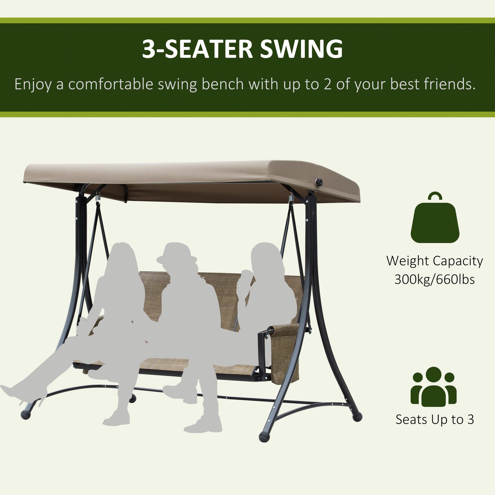Outsunny 3 Seater Garden Swing Seat Outdoor Swing Chair with High Back Design, Steel Frame, Side Pouches, Adjustable Canopy, Brown - Image 7