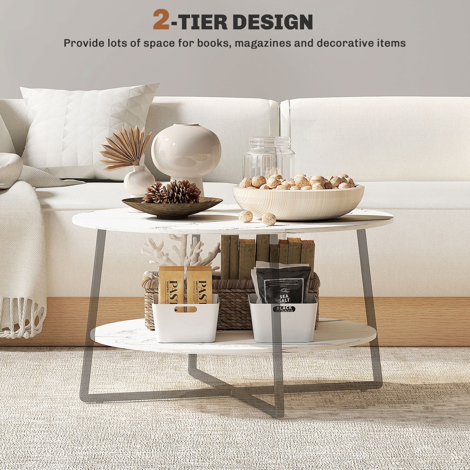 HOMCOM Two-Tier Marble-Effect Coffee Table - White/Black - Image 4